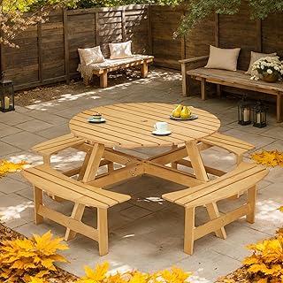 8 Person Wood Picnic Table, Outdoor Round Picnic Table with 4 Built-in Benches, Umbrella Hole, Outside Table and Bench Set for Patio, Backyard, 500lbs Capacity Per Bench (Nature - 8 Person)