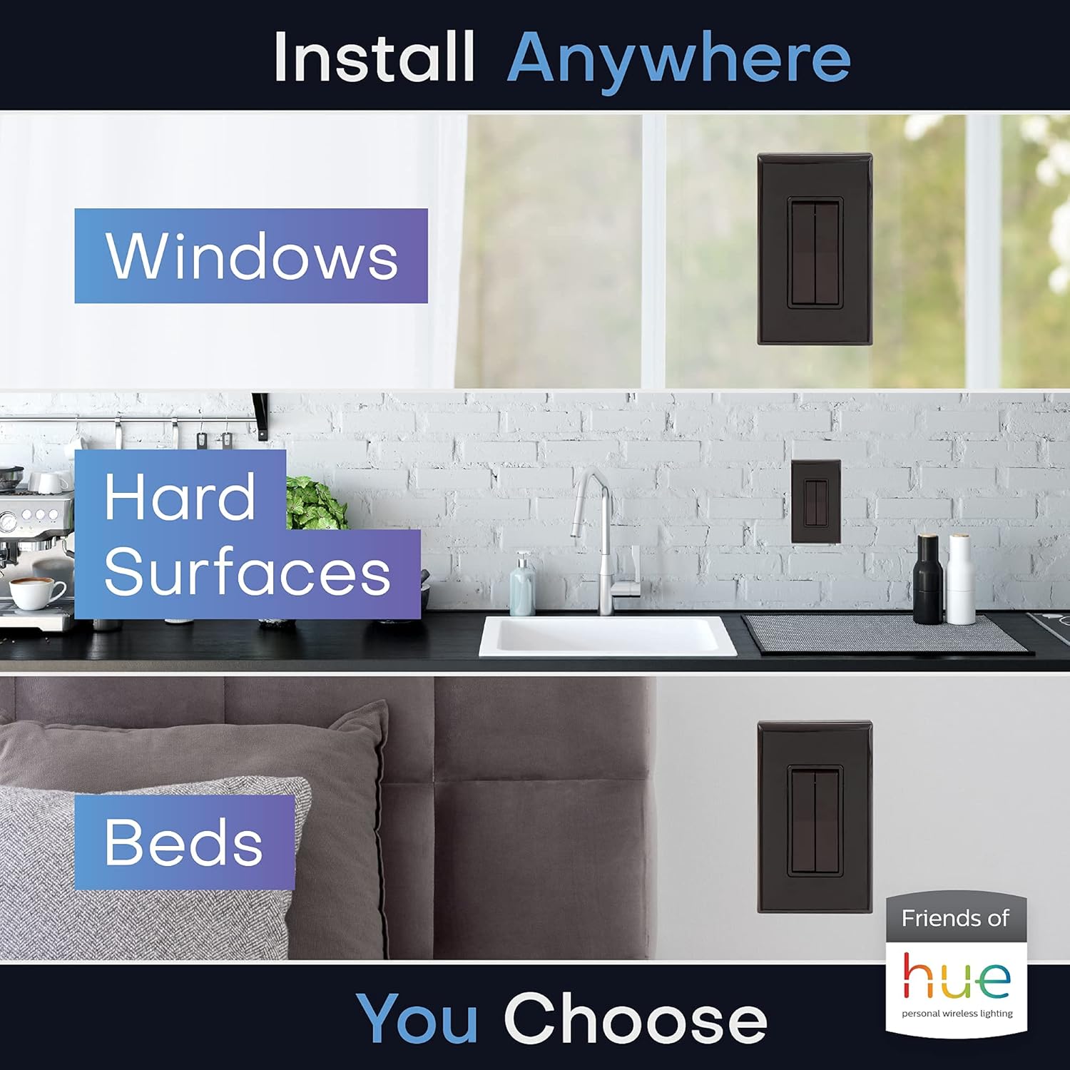 Free Shipping Over $50 RunLessWire Click for Philips Hue Wireless Dimmer Light Switch, Smart Switch with Battery-Free Installation (Switch, Brown)