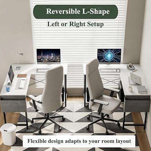 Miniatura 6 de Escritorio en forma de L para computadora de oficina en casa, escritorio para juegos con estante para CPU y bolsillo de almacenamiento colgante,