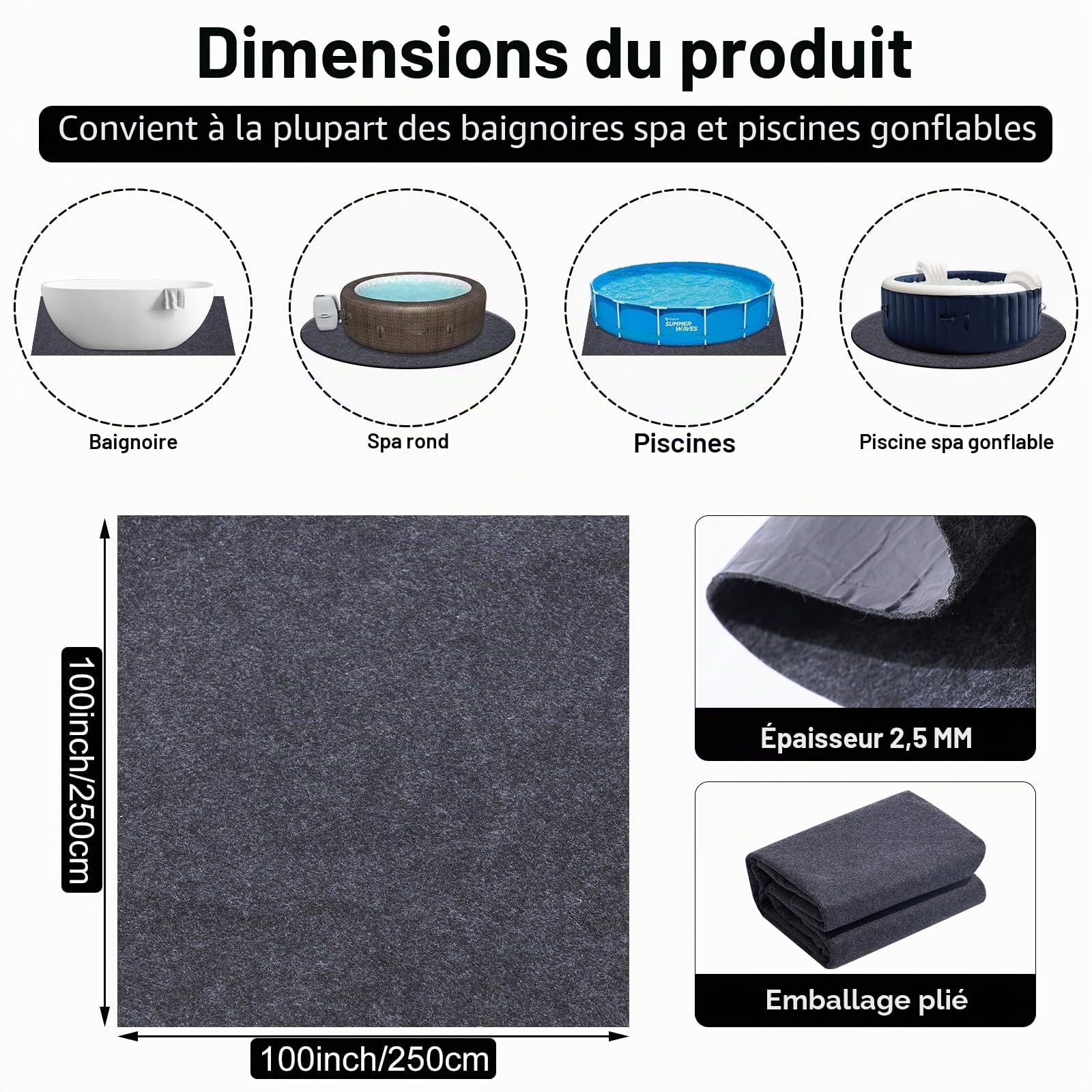 Tapis de Sol pour Jacuzzi, Tapis Carré Imperméable 2,53 x 2,53 m pour Jacuzzi Gonflable, Tapis de Protection Extérieur avec Dos qui Empêche la Pénétration de Liquide pour Protéger le Sol