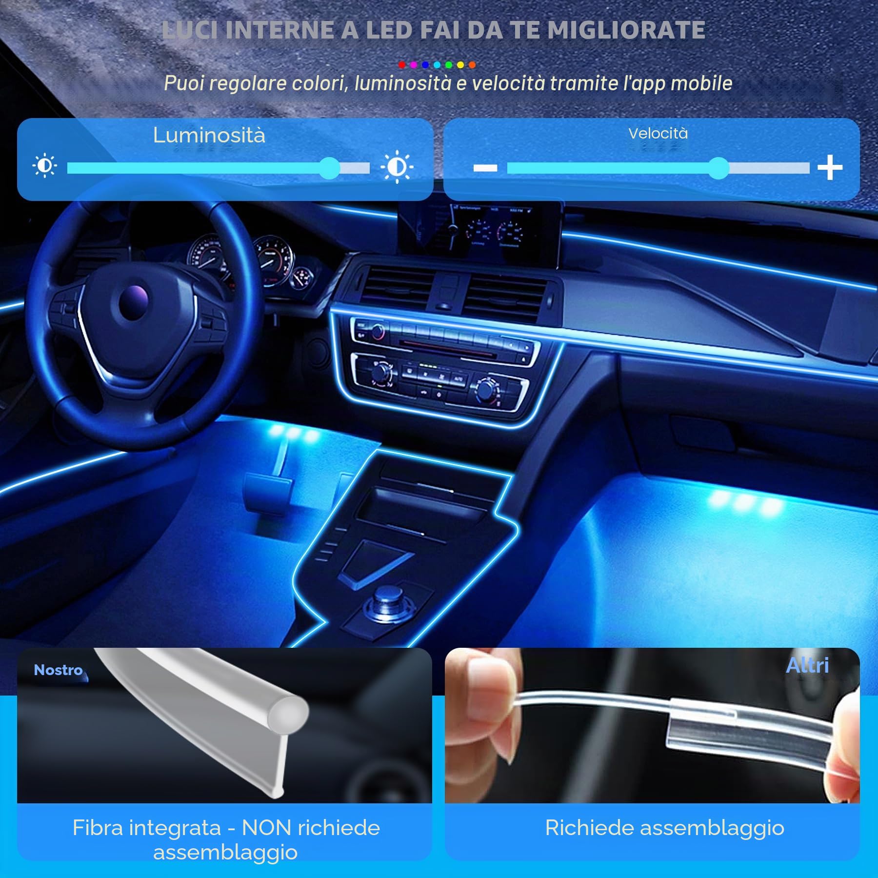Illuminazione Interna per Auto 6,5m LED Striscia, 12V RGB Luci Neon d'Atmosfera Impermeabile, Controllabile con APP, Ambientale Musica e Illuminazione vano Piedi