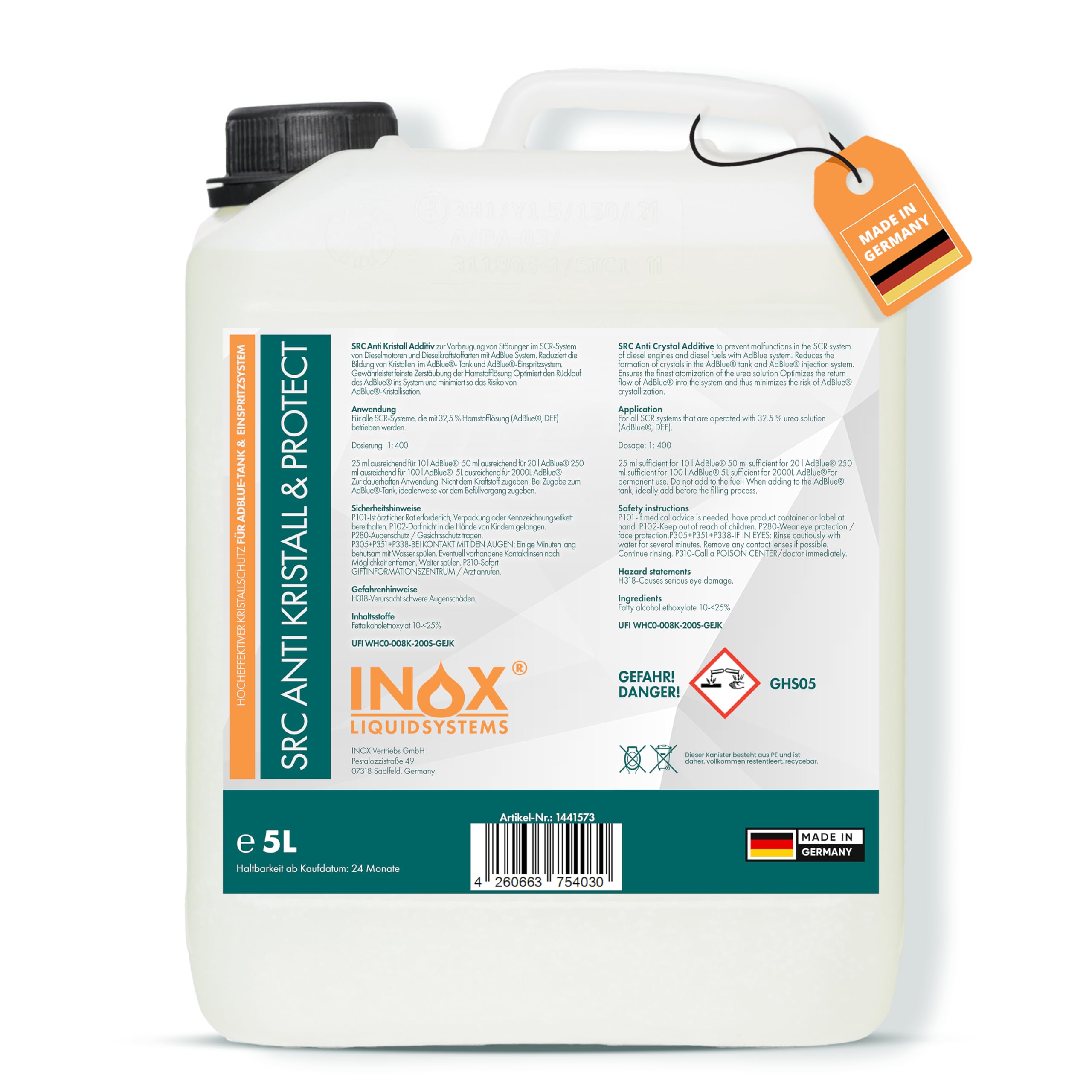 INOX - effektives SRC Anti Kristall & Protect Adblue Additiv 5L | Adblue Zusatz schütz vor Kristallbildung im SRC -System | Adblue Reiniger hilft Ablagerungen & Verunreinigungen vorzubeugen