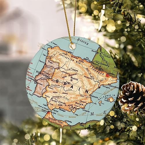 Miniatura 4 de Adorno de Navidad con mapa de España, adorno de árbol de Navidad, destino de 3.2 pulgadas, dos lados impresos con cuerda dorada, adorno moderno para