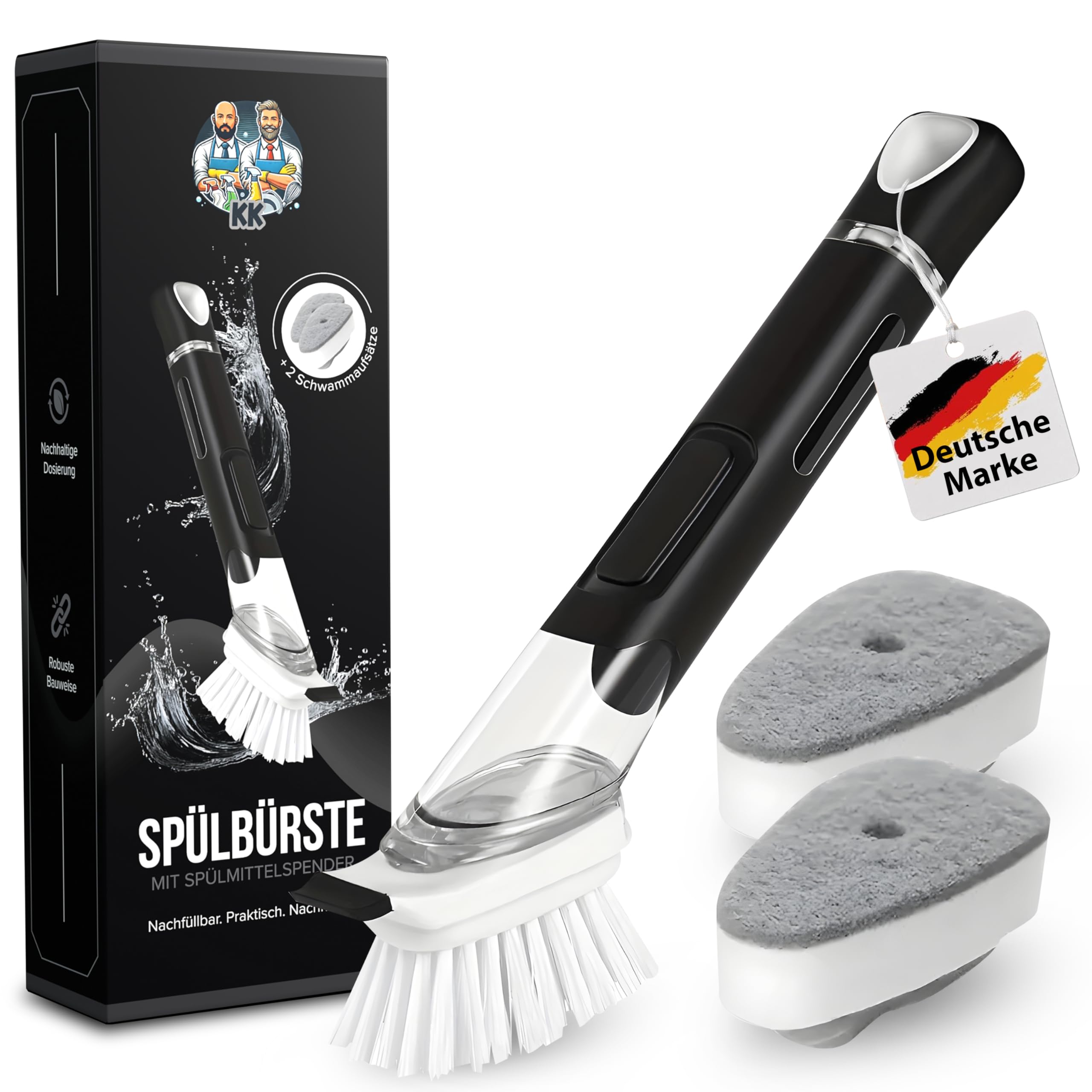 Afwasborstel met geïntegreerde afwasmiddeldispenser, keukenborstel met
