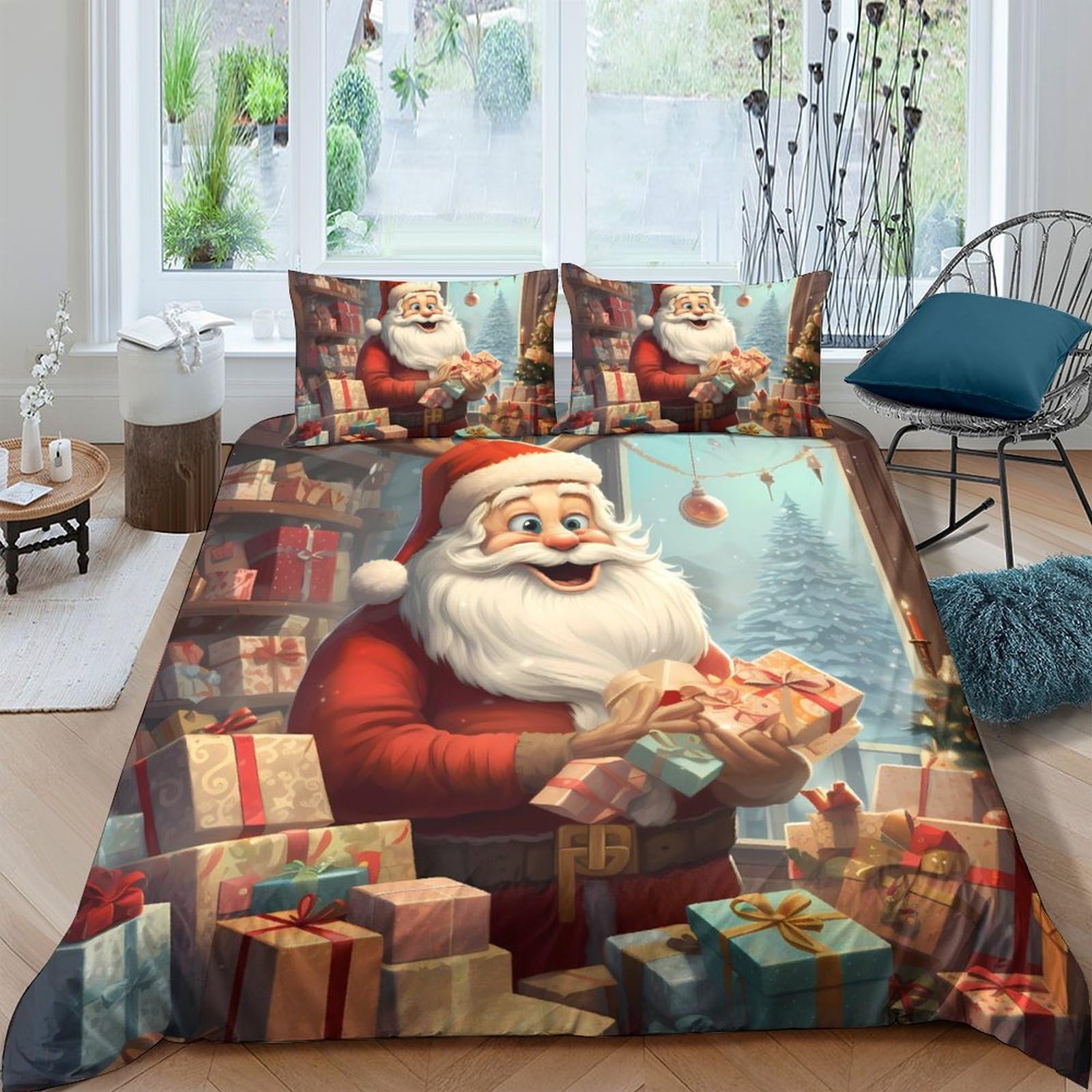 TUFRTGYHN 3D Printed Christmas Santa Claus Duvet Cover Microfiber Soft Breathable Present Gift Bedding Set with 2 Pillowcases for Bedroom Decor 110 Single（135x200cm）