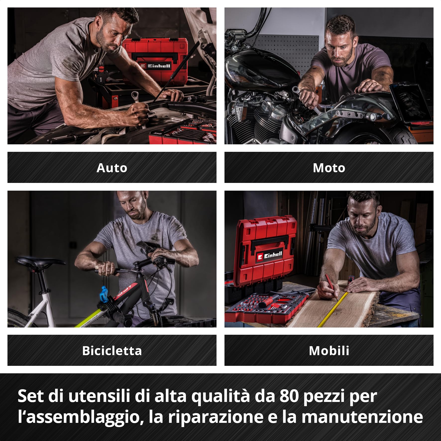 Einhell E-CASE originale da 80 pezzi (set di utensili di alta qualità in una robusta valigetta di plastica impilabile, ideale come attrezzatura di base per la casa e l'officina)