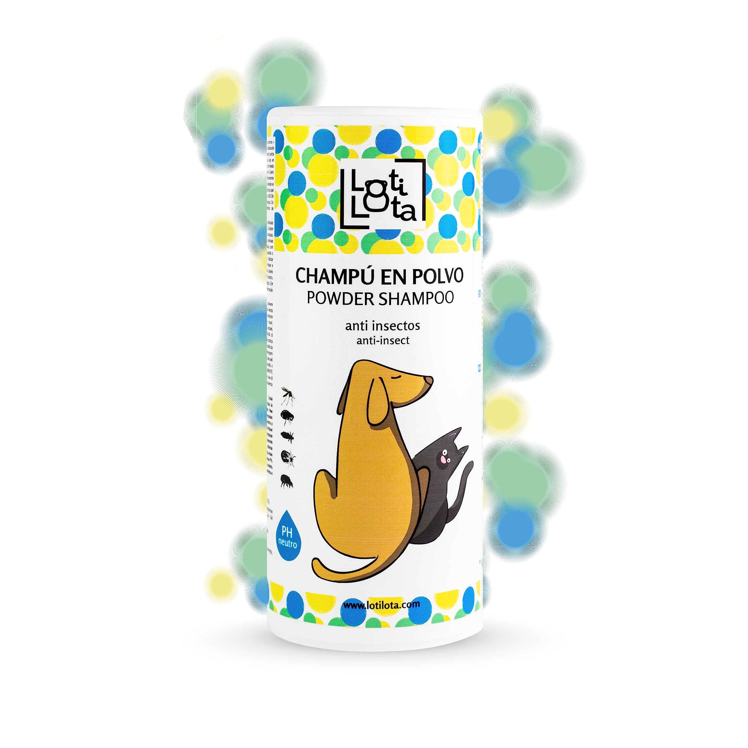 LOTI LOTA Champú en Polvo Anti-Insectos PERROS y GATOS - 250 gr. - Máxima Proteción y Limpieza en SECO - pH Adaptado - Elimina el mal OLOR - Todas las Etapas de Vida