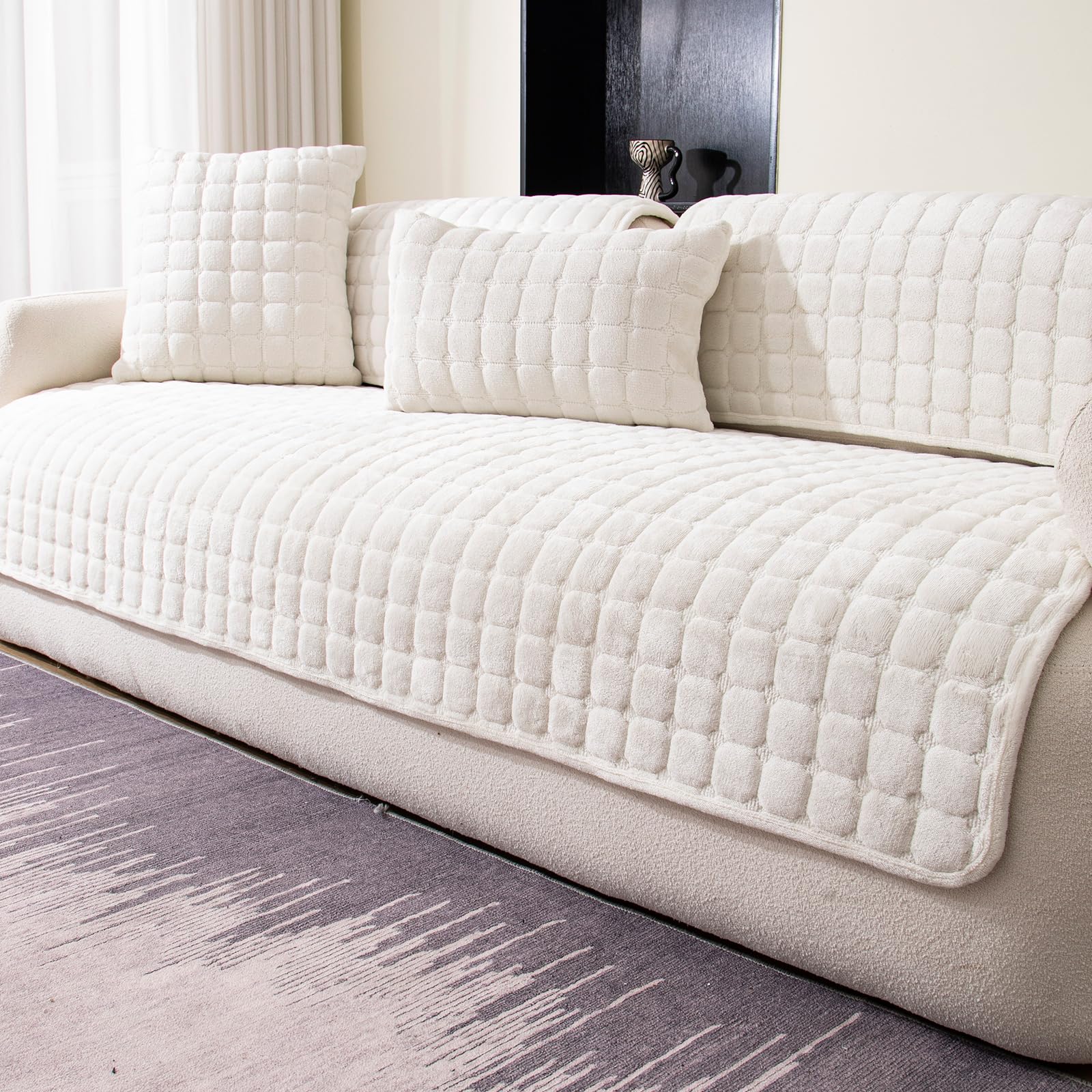 Photo 1 of ** product is dirty **
MDSASFD Velvet Couch Cover, Washable Sectional Sofa Cover, Anti Slip Sofa Slipcovers for 3 Cushion Couch Sofa L Shaped Recliner, Furniture Protector Covers for Pets Kids(White, Only 1 PCS)