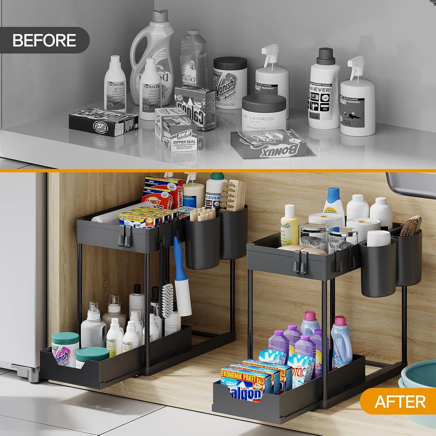 Organizador de 2 niveles para debajo del fregadero con cestas extraíbles deslizantes, estante de almacenamiento de baño con ganchos y tazas, estante de gabinete para encimeras y suministros de