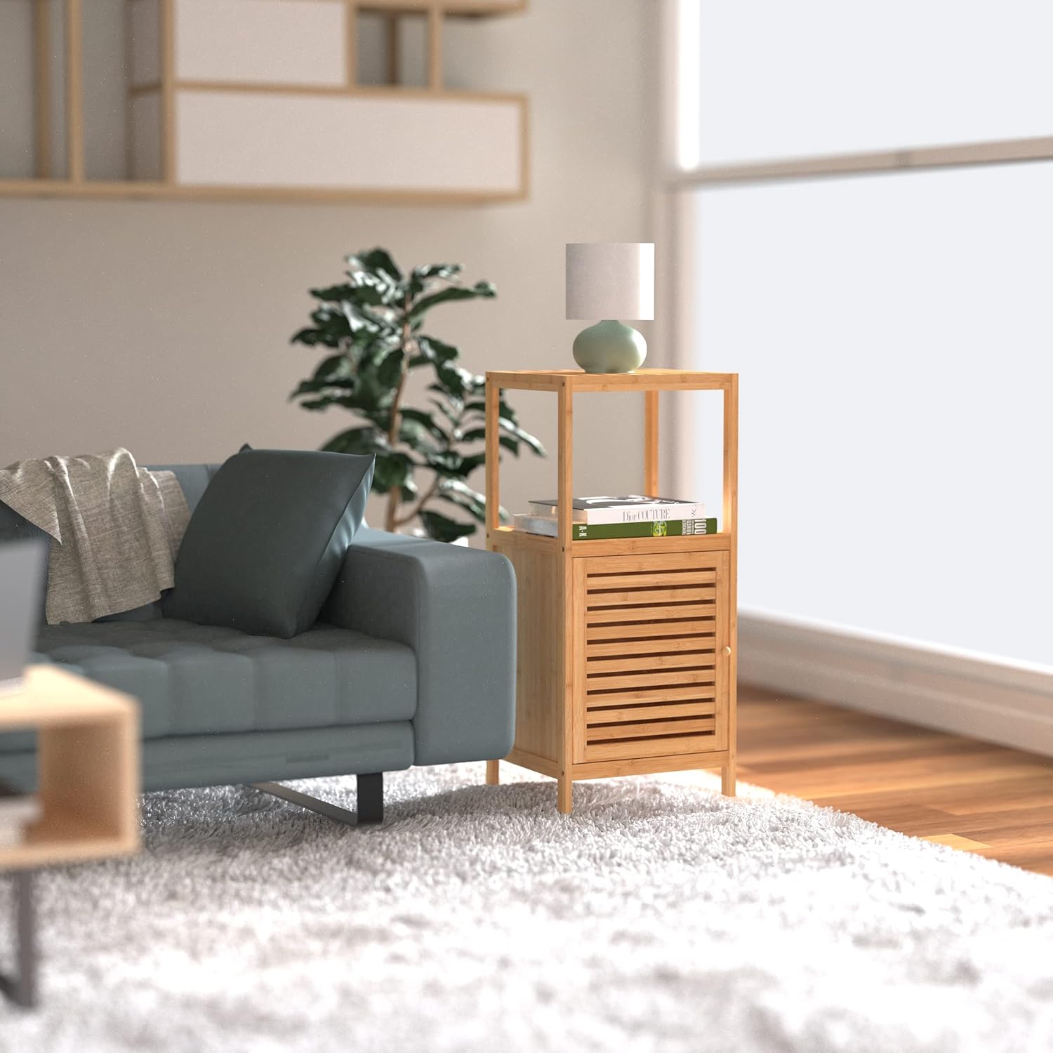 Natural Bamboo 1-Door Storage Cabinet with Shelves