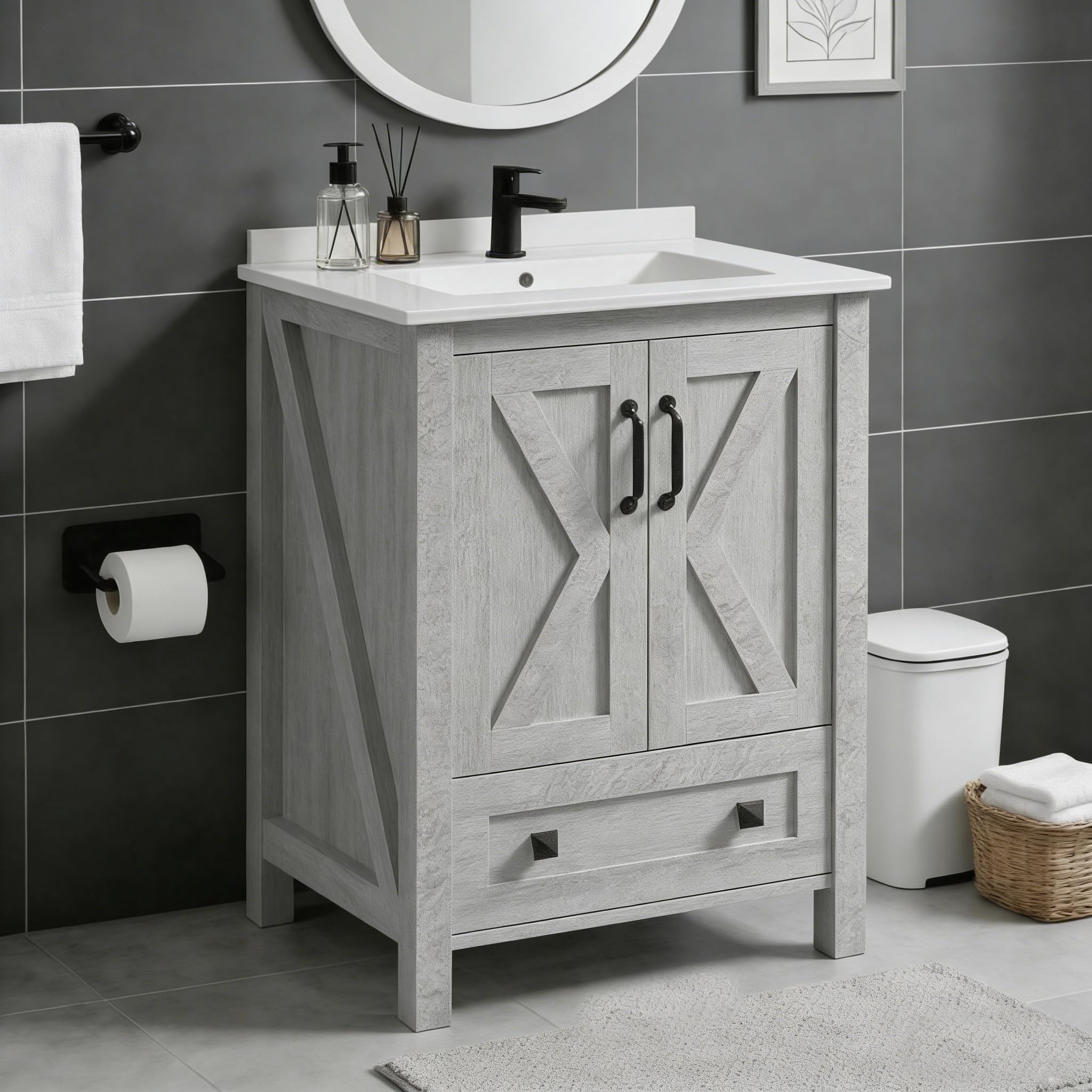 GarveeHome 24 inch Vanity with Ceramic Sink, Modern Bathroom Vanity with 2 Doors and 1 Storage Drawer, Freestanding Bathroom Cabinet with Contemporary