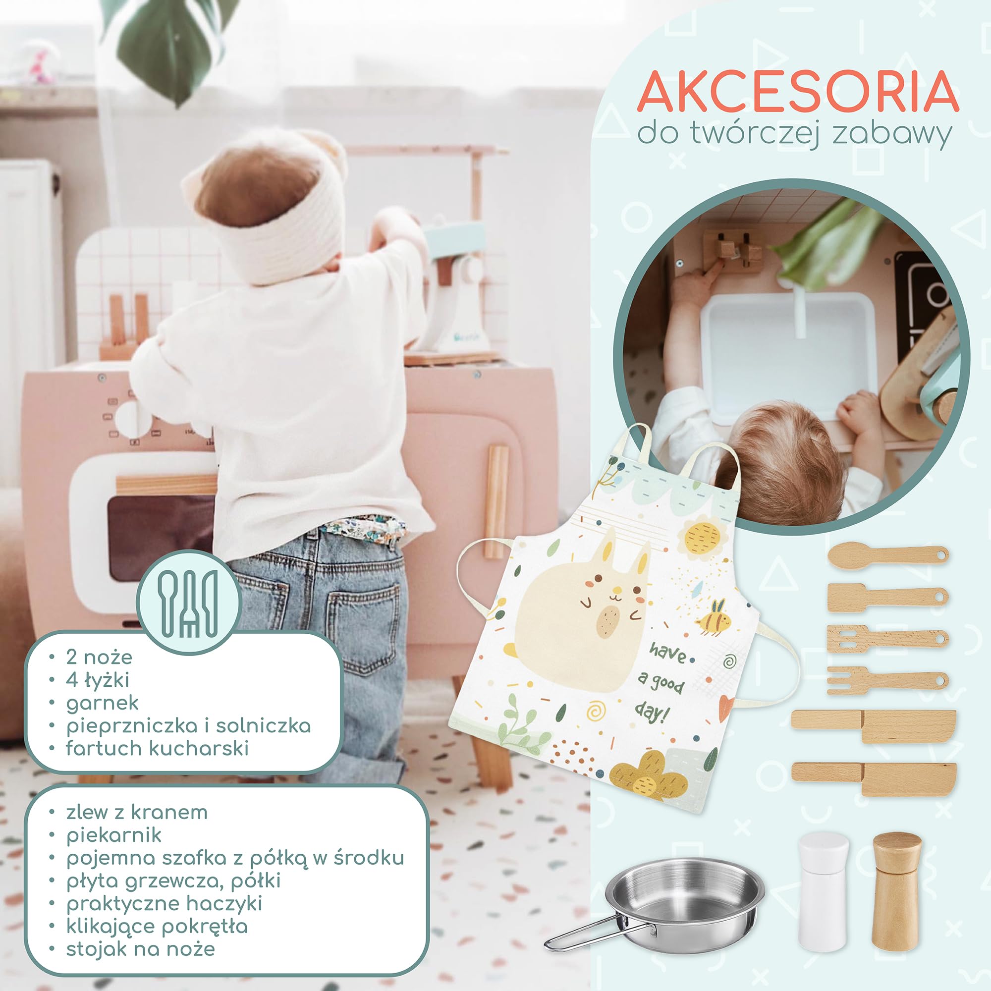 Mamabrum Drewniana Kuchnia dla Dzieci w Stylu Retro z Fartuszkiem, Garnkami i Akcesoriami, Zabawkowa do Zabawy, Pastelowy Róż