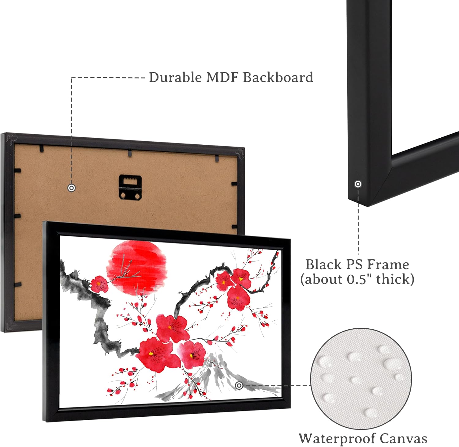 VANSEEING Japanese Ink Painting Wall Art Canvas Prints Mount Fuji with Sun Red Plum Blossom Landscape Pictures Asian Aesthetic Framed Artwork Living Room Black Frame 12x16inchx3