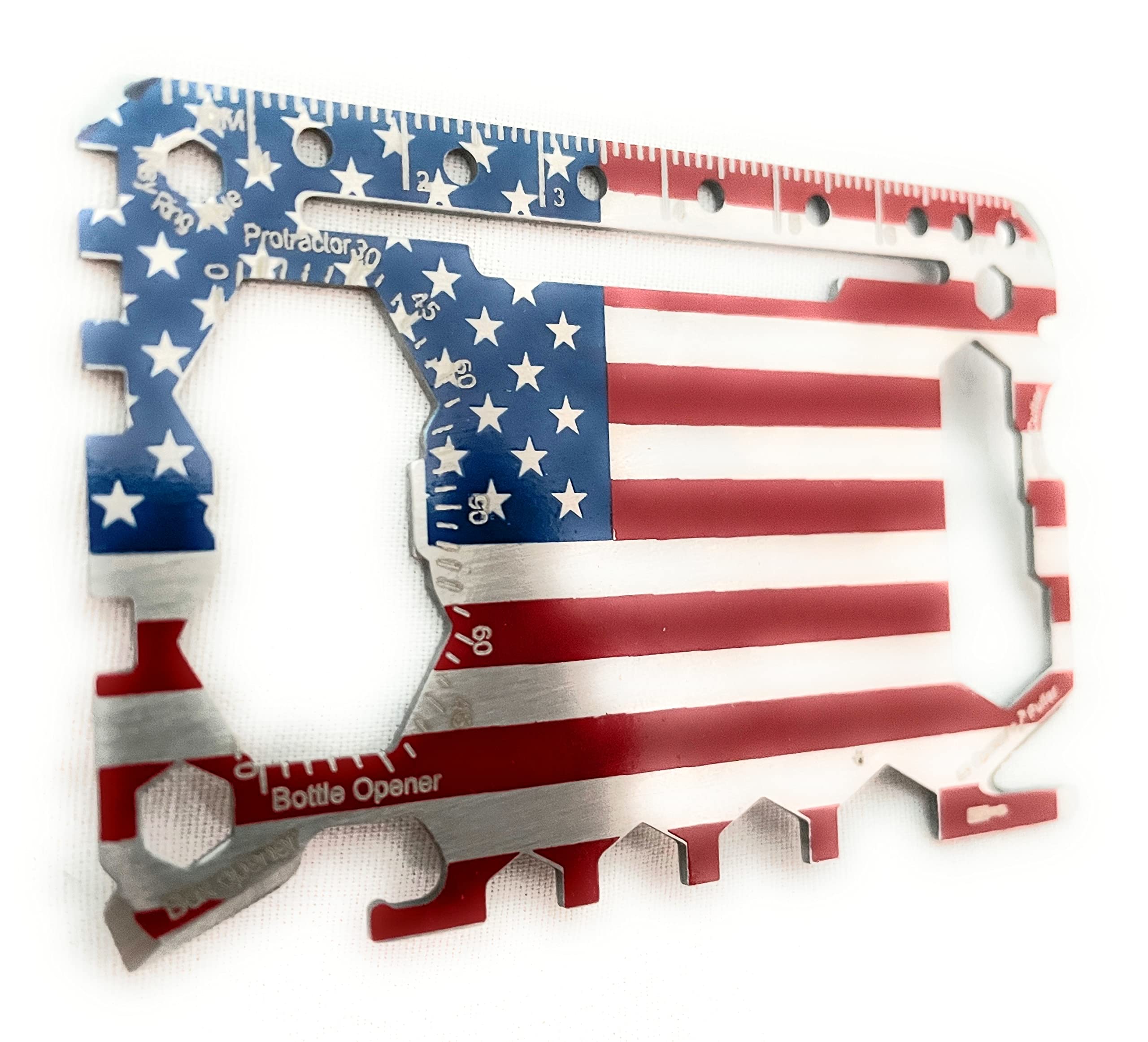 BTTS Multi Purpose Survival Smart Tool American Flag - 46 in 1 - Credit Card Size Wallet Ninja Tool