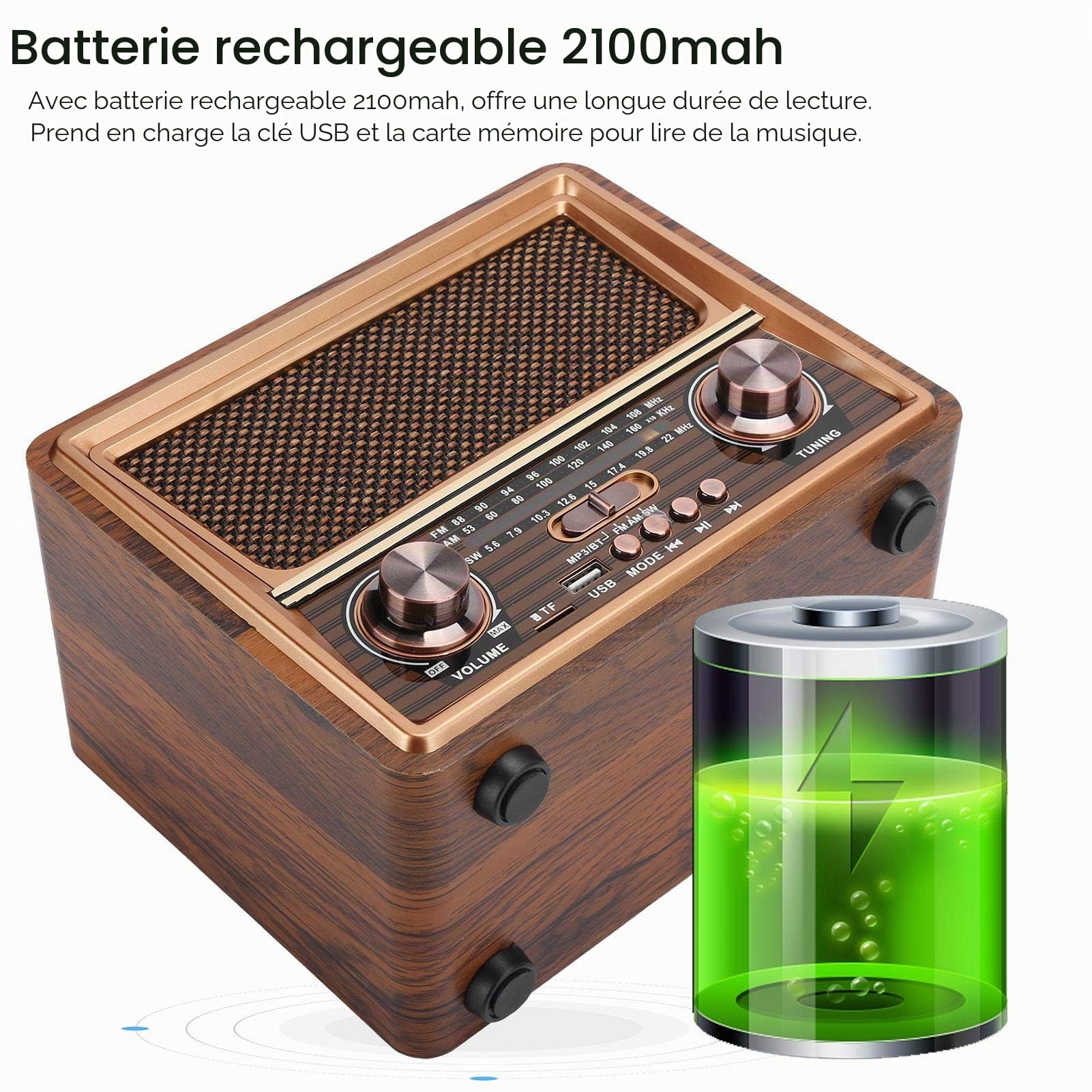 T osuny Radio FM/AM/SW Rétro Bois Radio Lecture Bluetooth Haut-Parleur 3W Lecteur MP3 Enceinte sans Fil Portable Bois Rechargeable Cadeau pour Les Parents (220V)