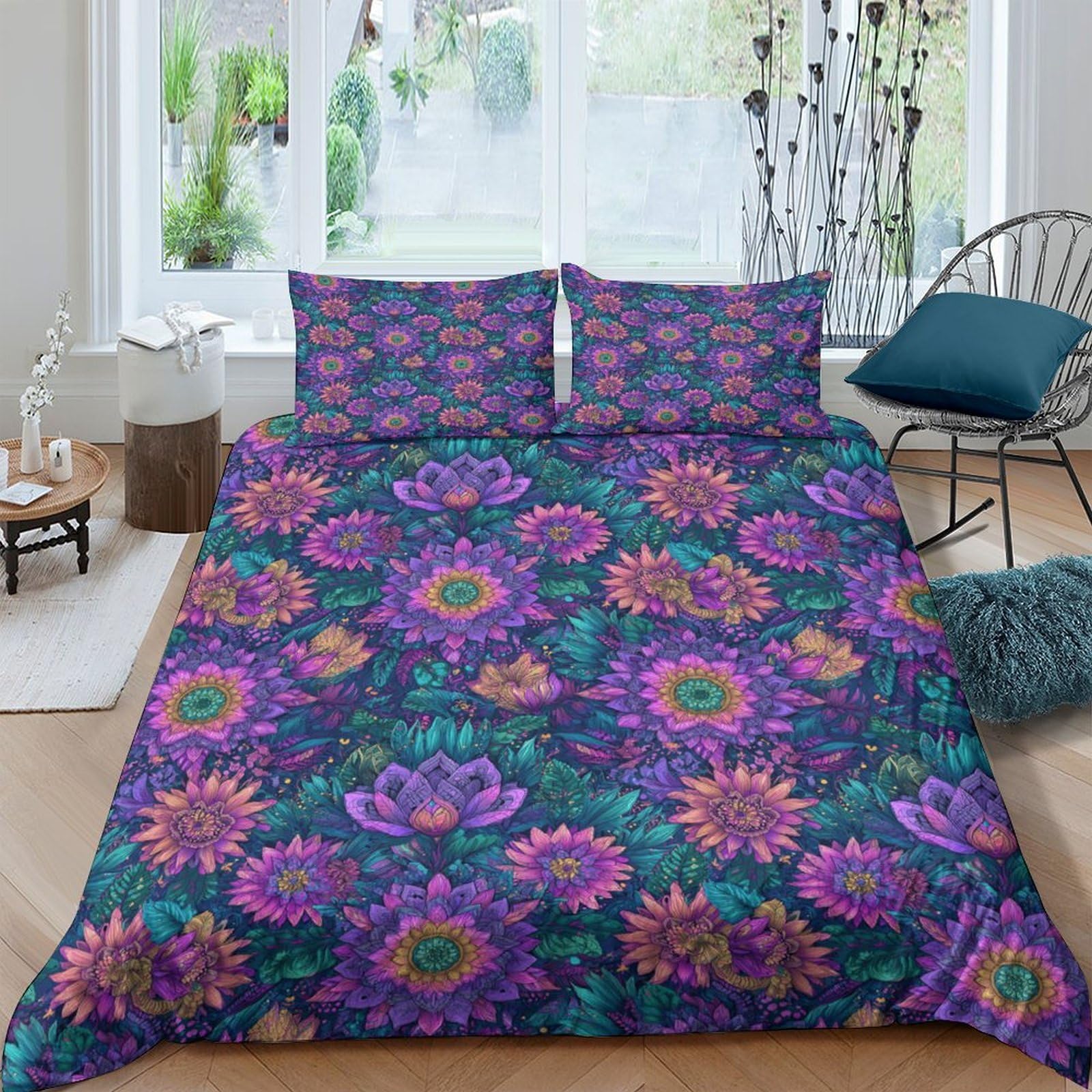 Ctjqhvkz Style-10 3D Printed Purple Lotus Fitted Sheet Microfiber Soft Floral Mandala Mattress Cover Bedroom Living Room Decor Single（135X200cm）