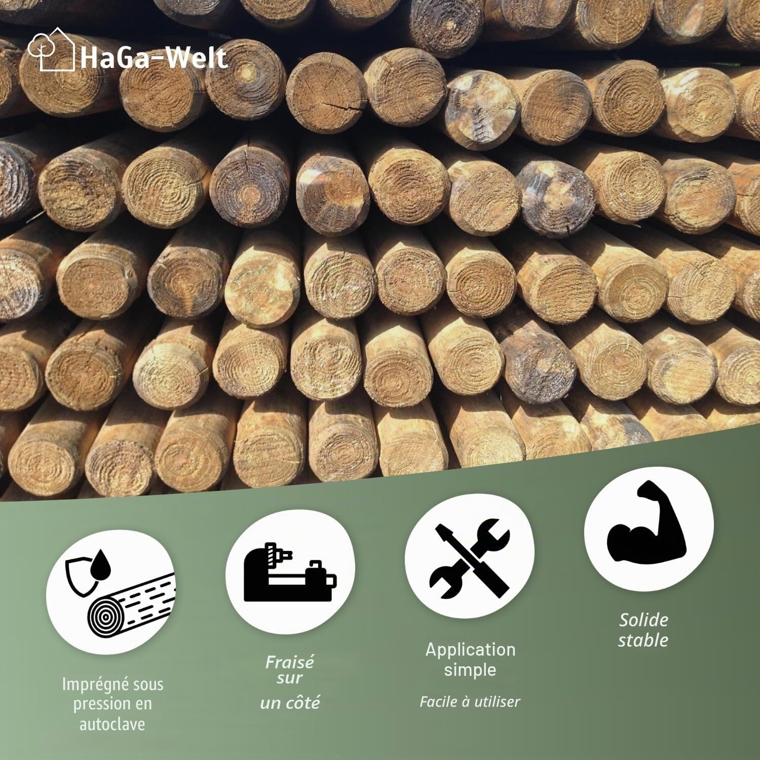 HaGa Lot de 10 piquets en bois de pin pour clôture - Diamètre : 6 cm - Hauteur : 125 cm - Éléments de clôture