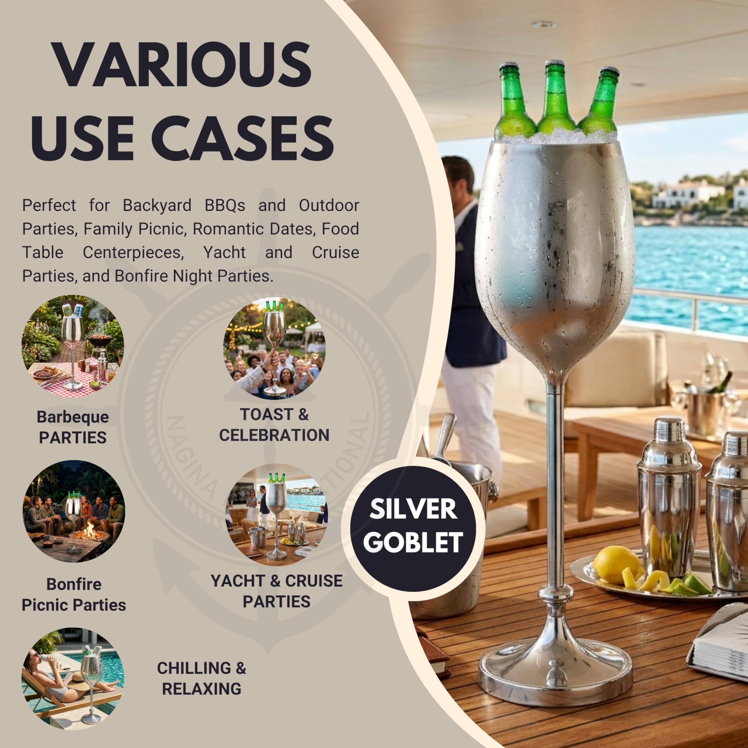 Nagina International Refroidisseur de vin, grand, en aluminium de première qualité, nickelé et nickelé | Cave à vin et cave avec seau à glace | Articles de cuisine et de bar