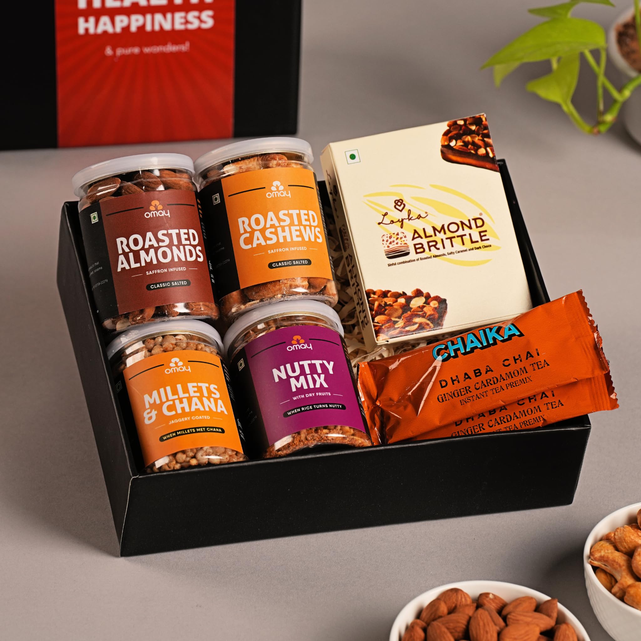 Omay Foods Health-ful Treats Gift Box I Gift for Anniversary, Birthday I Roasted Snacks, Tea I Unique Wedding Hamper I Corporate Gifts I Healthy Snack Hamper