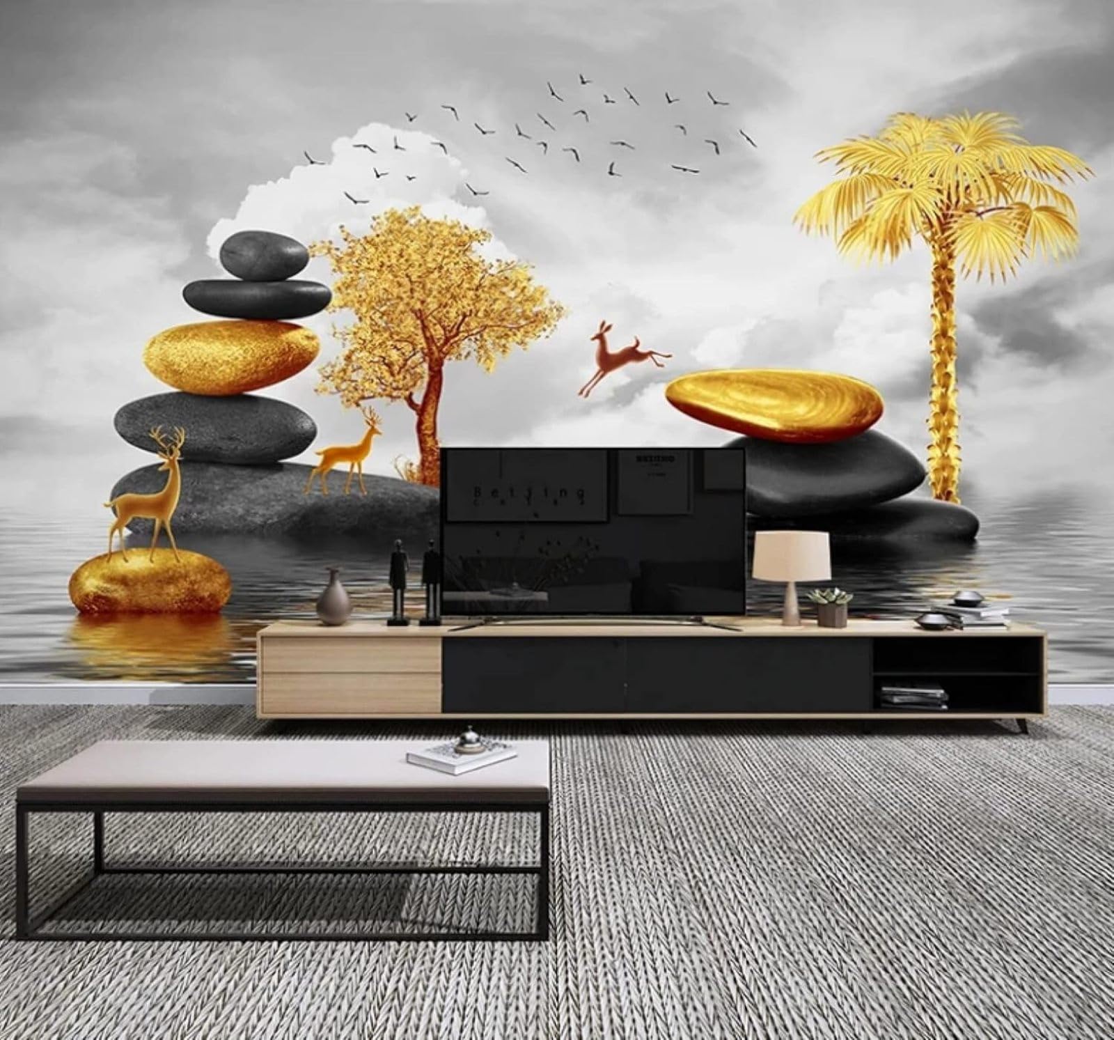 Wallpaper-3D-Xlm 350Cm×256Cm(B×H) Affordable Luxury Gold Stones Reindeer Trees 3D Wallpaper Easy Install Feature Office Living Room Sofa Bedroom Tv Background Wall Decoration-350Cm×256Cm
