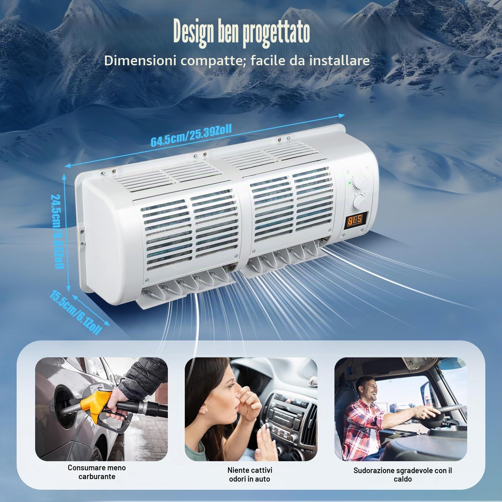 Climatizzatore auto 12 V 22525 BTU/h per macchine edili e camioncamion ed equipaggiamenti silenzioso (65 dB)