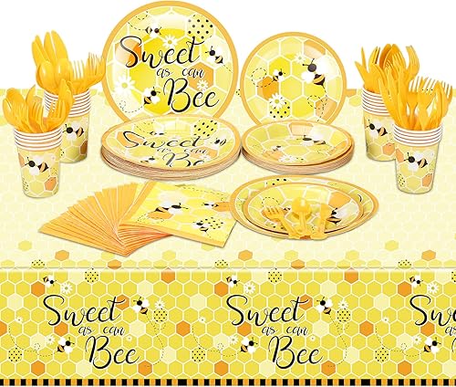 Juego de 170 platos de abeja y servilletas, suministros de fiesta Sweet As Can Bee, incluye manteles, platos, servilletas, vasos de papel, cuchillo,