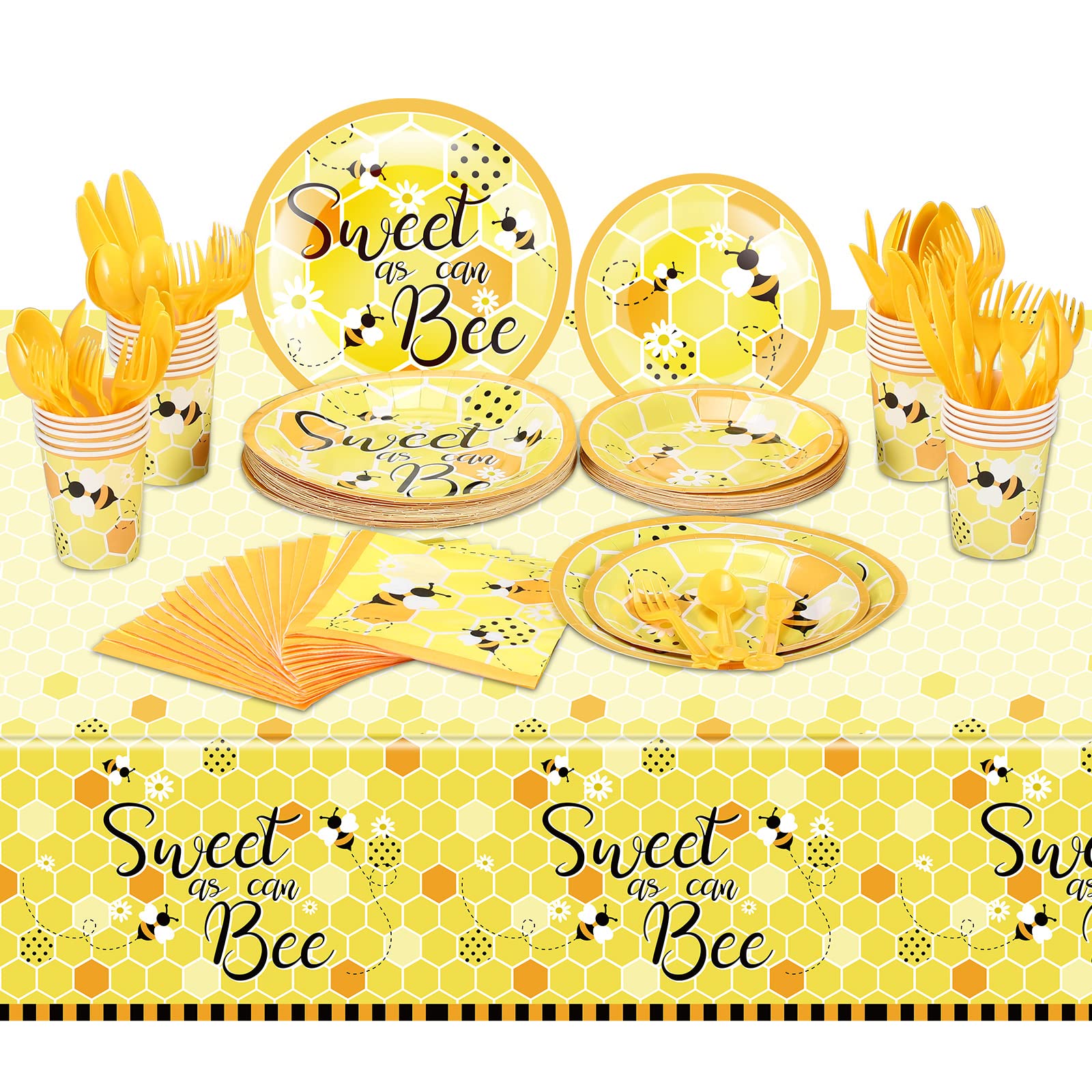 170 Pcs Bee Plates and Napkins Party Supplies Sweet As Can Bee Baby Shower Set Include Tablecloths, Plates, Napkins, Paper Cups, Knife, Fork, Spoon for Baby Shower Birthday Party Supplies, Serves 24