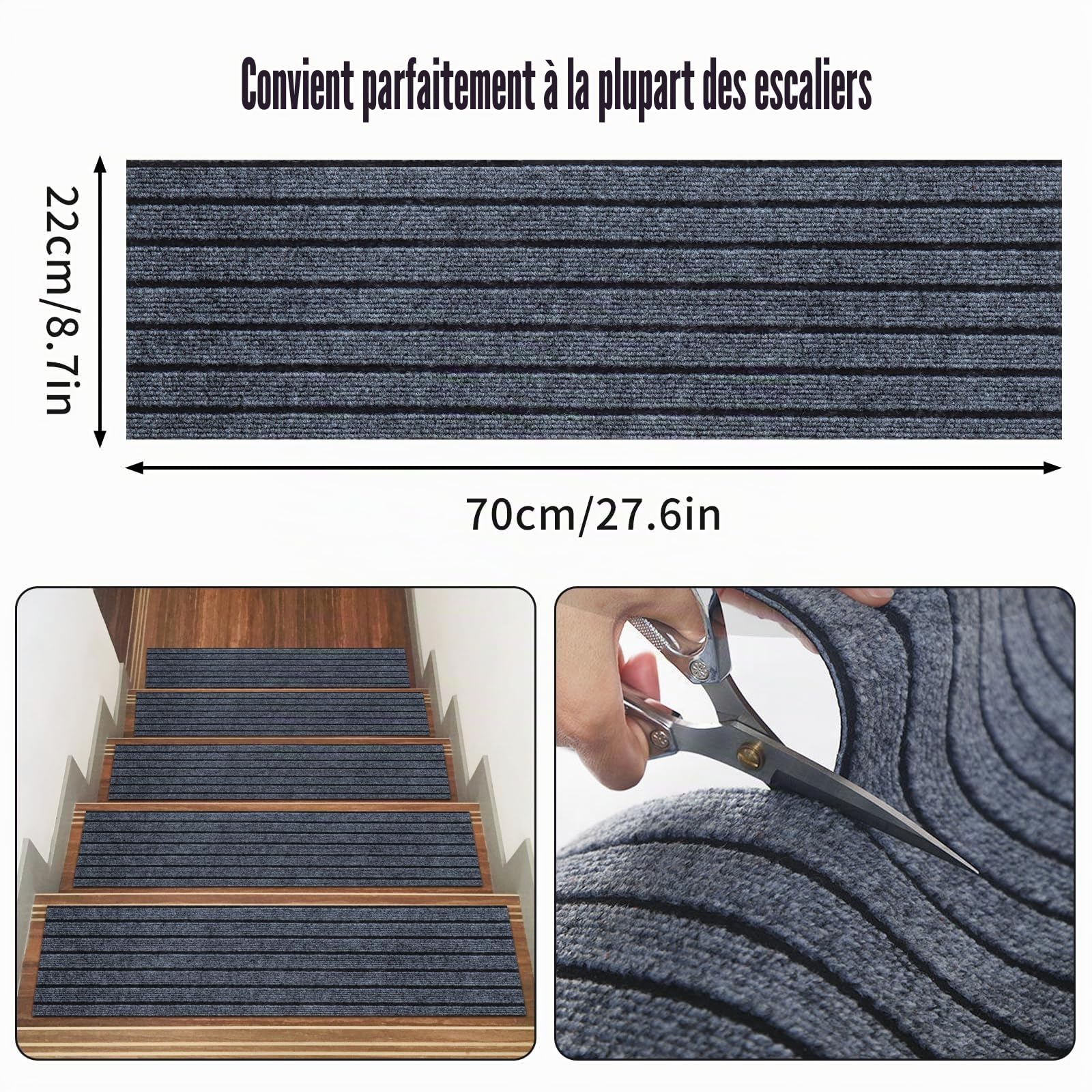 Lot de 15 tapis d'escalier intérieur antidérapants 22 x 70 cm en polyester avec dos en TPE autocollant pour enfants, personnes âgées et animaux domestiques (gris avec rayures noires)