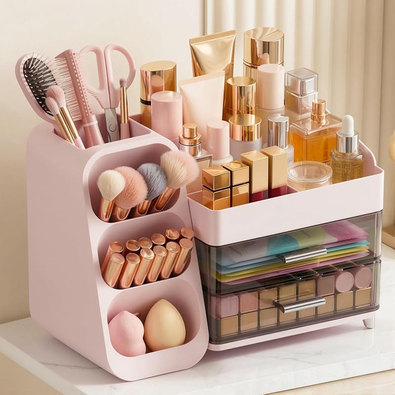 Organizador de maquiagem em acrílico com porta-pincéis e rotação 360°, rosa