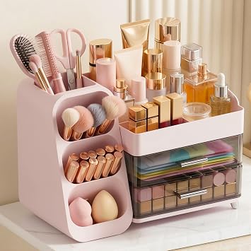 Large Capacity Makeup Organizer Countertop with Makeup Brush Holder for Vanity, Thickened Material, Bathroom Countertop Organizer Skin Care Perfumes Storage, Teen Girl Gifts for 12-23 Yearpink