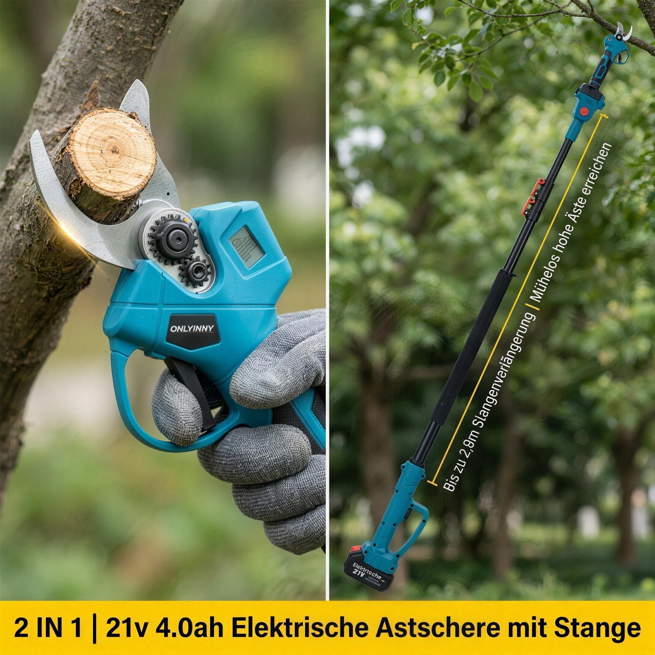 21V Akku Gartenheckenschere mit Teleskopstange, 40mm Schnittstärke, 2-in-1 Gerät mit 2 Akkus für Obstbäume, Hecken und Gartenpflege