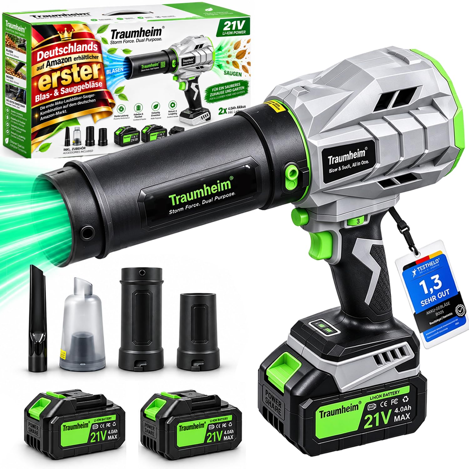 Soplador de hojas con batería de 21 V, con 2 baterías de 4,0 Ah, con