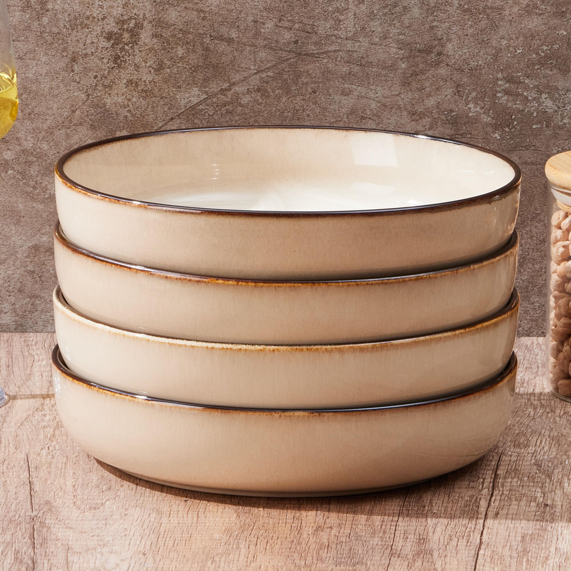 E-farPasta Bowls Set of 4, 35oz Large Salad Bowls for Serving, Wide and Shallow Ceramic Plates for Kitchen, Double Reactive Glaze, Microwave and Dishwasher Safe, Sandy Beige