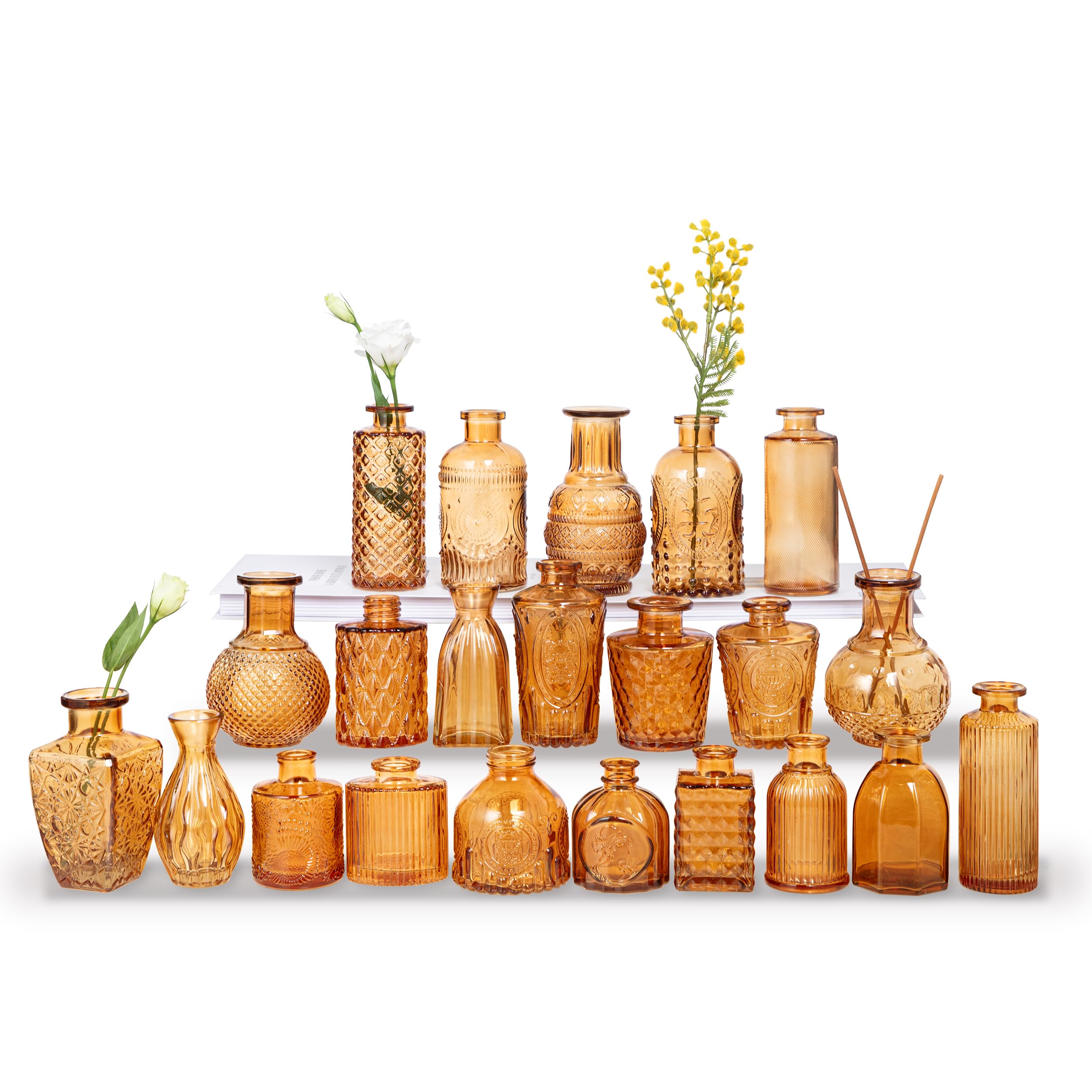 Jelofly Glass Bud Vases Set of 22, Small Bud Vases in Bulk for Centerpieces, Mini Vintage Glass Vase for Rustic Wedding Decorations Home Table Flower Decor(Amber)