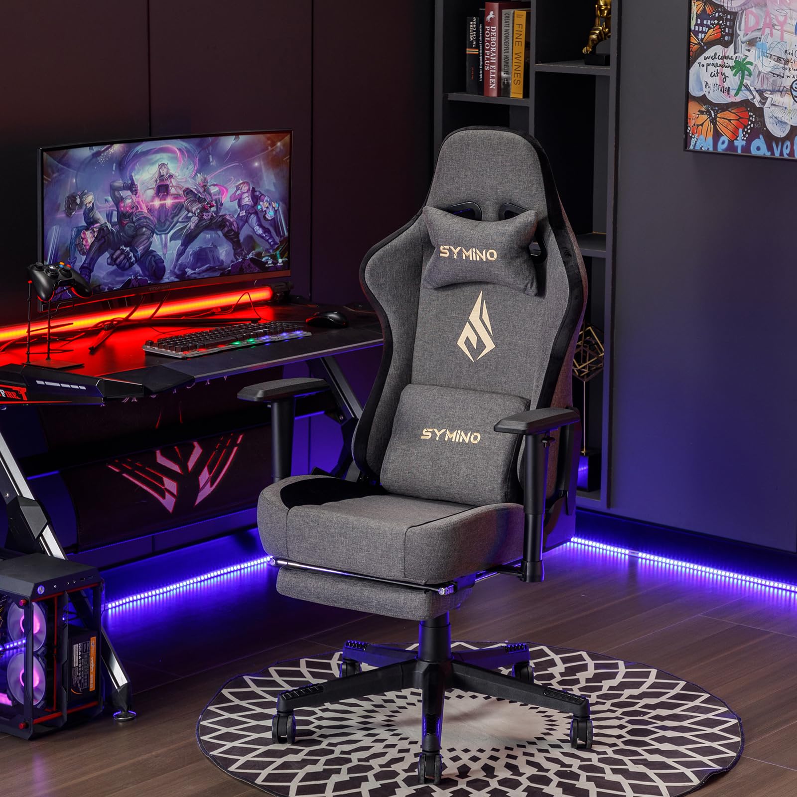 symino Gaming Chair Breathable Fabric Office Chair Ergonomic Computer Chair Racing Style Computer Chair with Adjustable Armrests, Adjustable Swivel Task Chair with Footrest (Dark Grey)