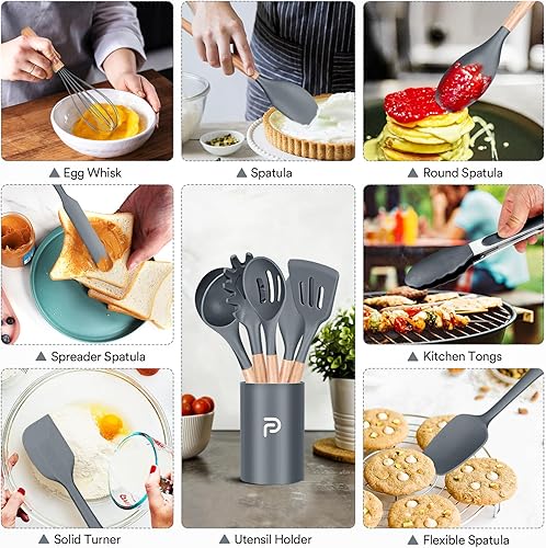 Miniatura 5 de Juego de utensilios de cocina, 16 piezas de utensilios de cocina de silicona con soporte, mango de madera antiadherente, espátula de silicona,