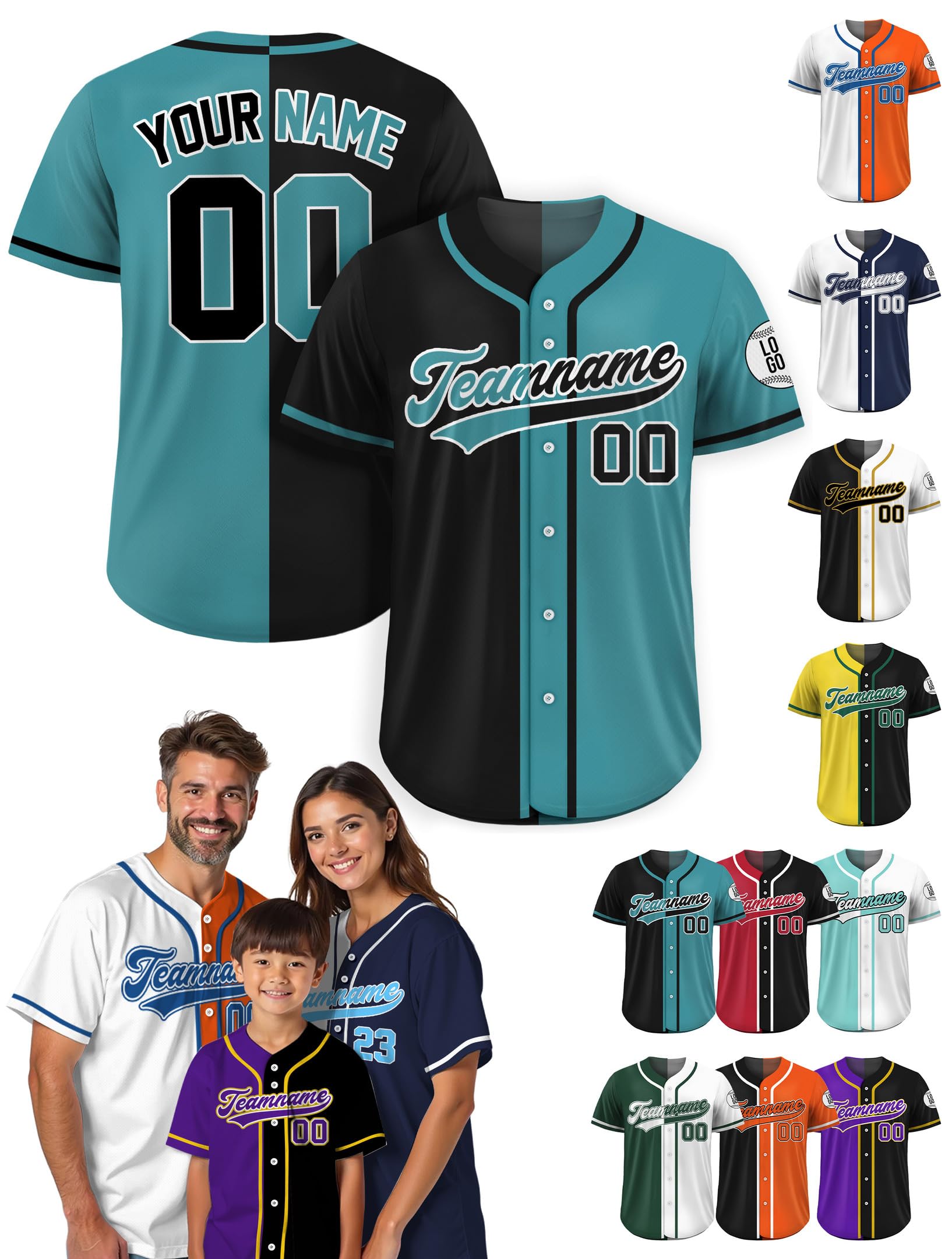Custom Baseball Jersey – Personalized Name, Number & Logo, Split Green Black Button Up Jersey for Men, Women, Youth, Toddlers