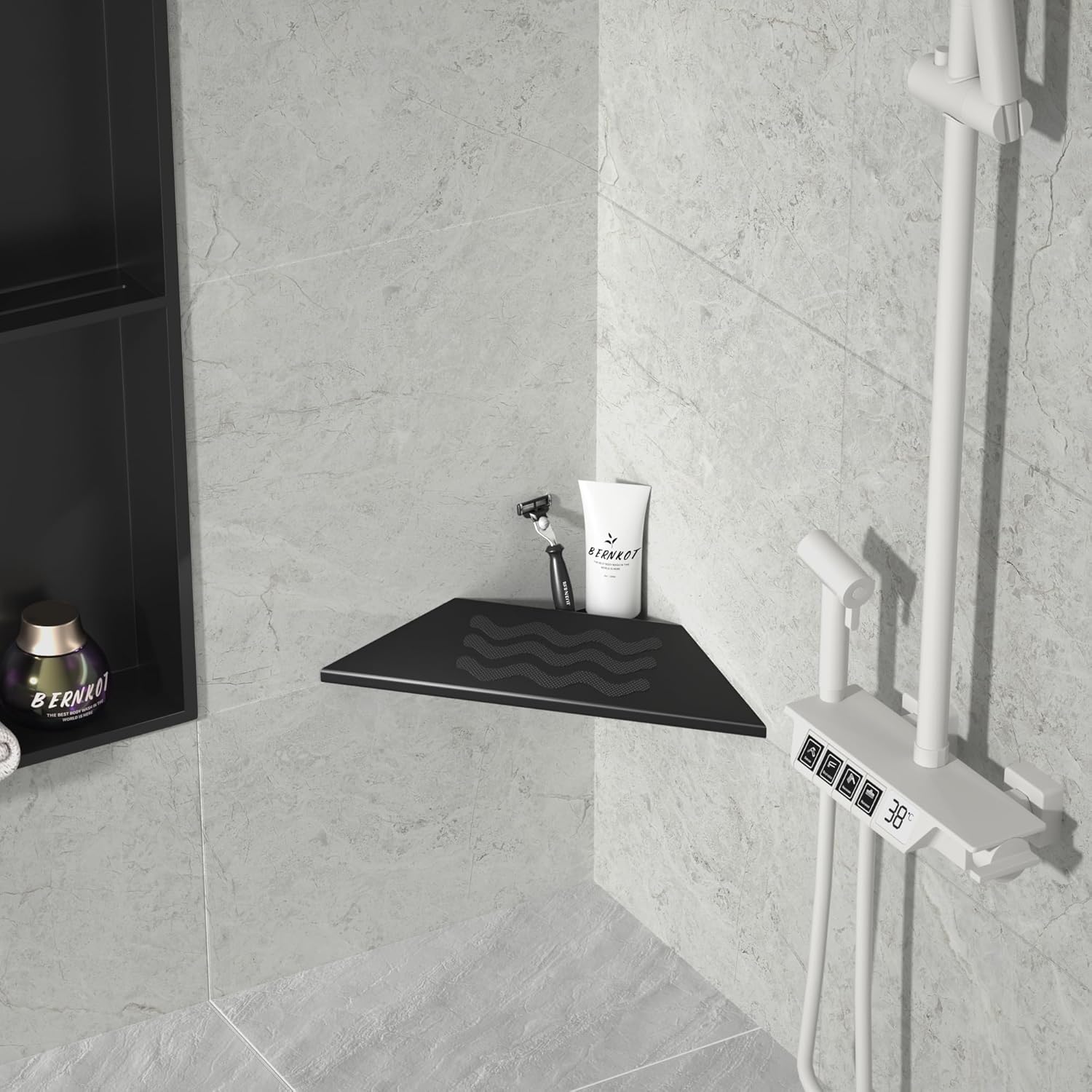 10'' Corner Foot Rest for Shaving Legs, Wall Mounted Foot Ledge for Bathroom Inside Shower, 304 Stainless Steel Footrest with Shaving Holder (Black)