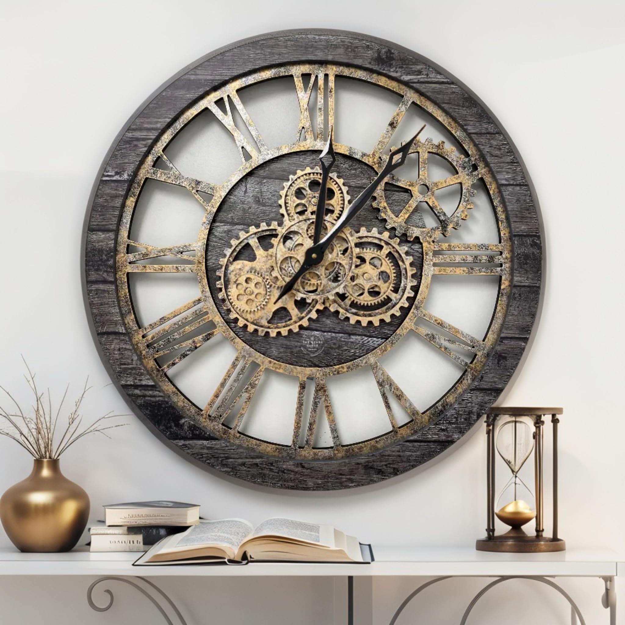 El Reloj de Engranajes El Original con Engranajes Reales en Movimiento Reloj de Pared Industrial de Gran tamaño (60 cm), Color Gris y Bronce
