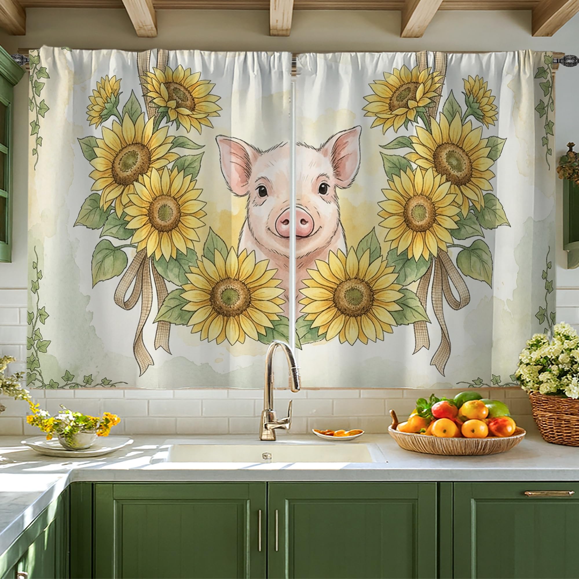 Rideaux courts de cuisine à tournesols jaunes 106x114 cm pour évier
