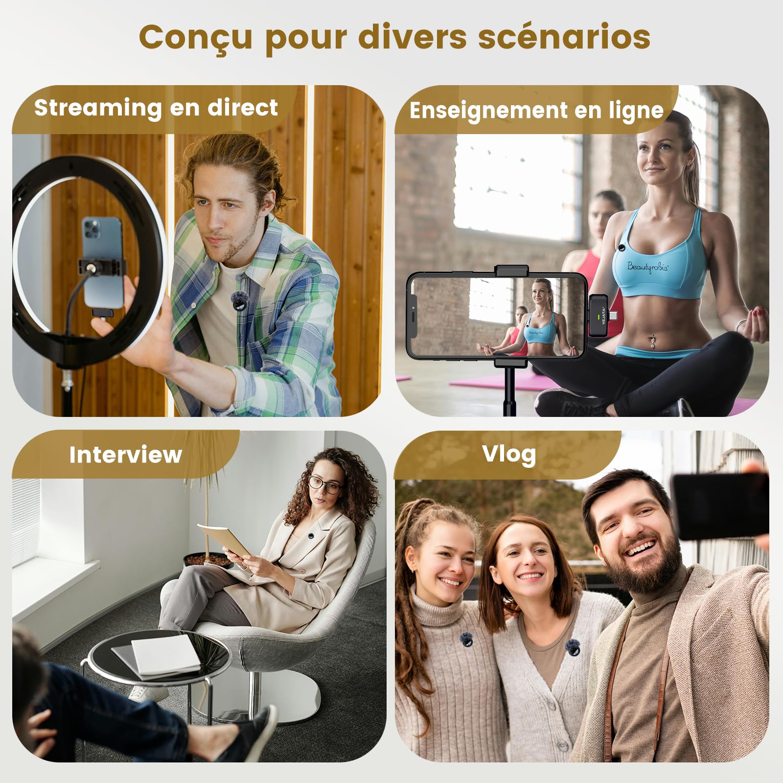 Microphone Cravate sans Fil 2-en-1 pour vidéo | 2 émetteurs, récepteur USB-C/Lightning, réduction du bruit DSP, boîtier 40 h, portée 25 m, compatible iOS et Android.