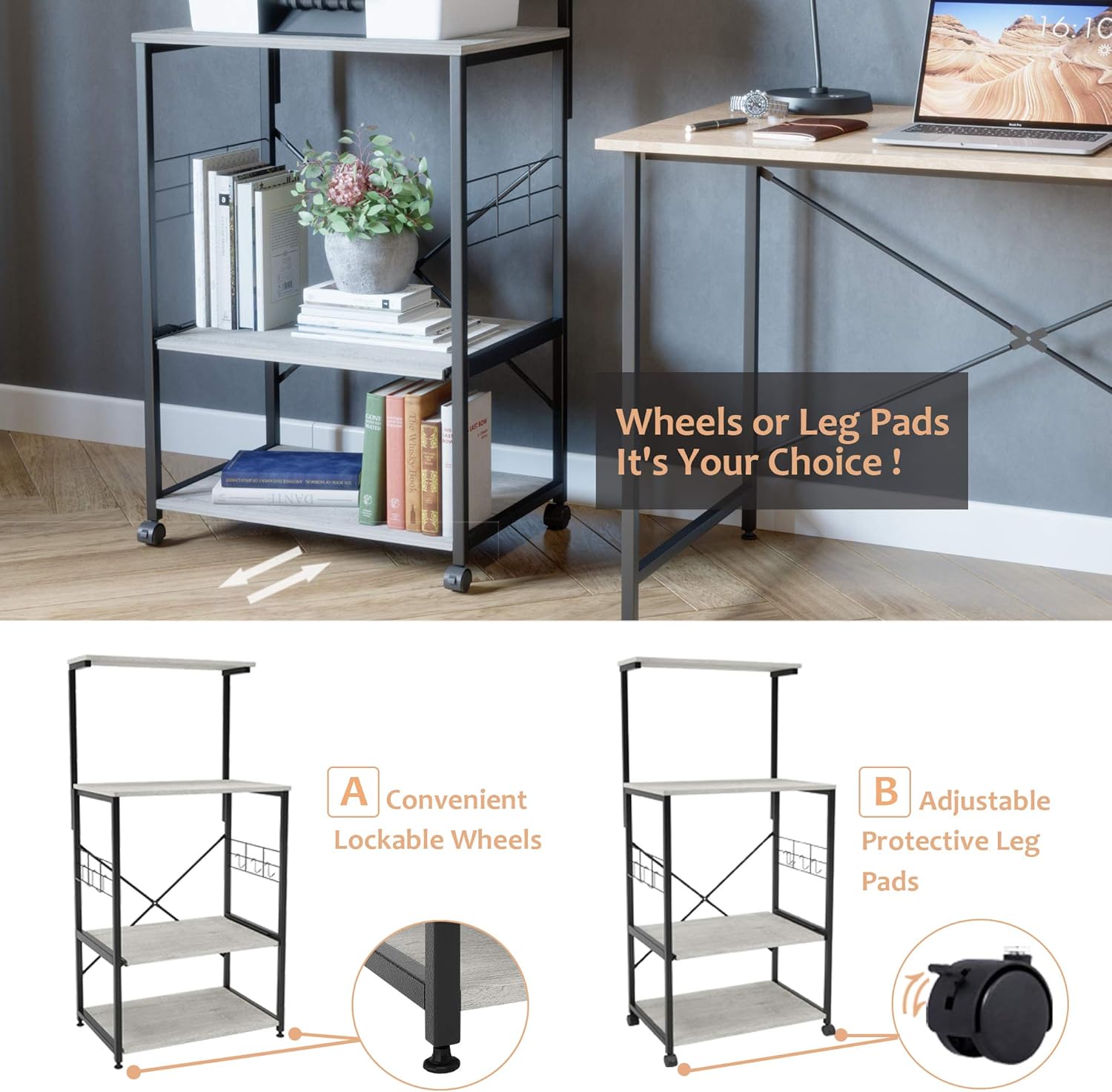 Bestier Kitchen Baker's Rack Utility Storage Shelf Microwave Stand Cart on Wheels with Side Hooks, Kitchen Organizer Rack 4 Tier Shelves Adjustable Feet (Wash White) - Standing Baker's Racks