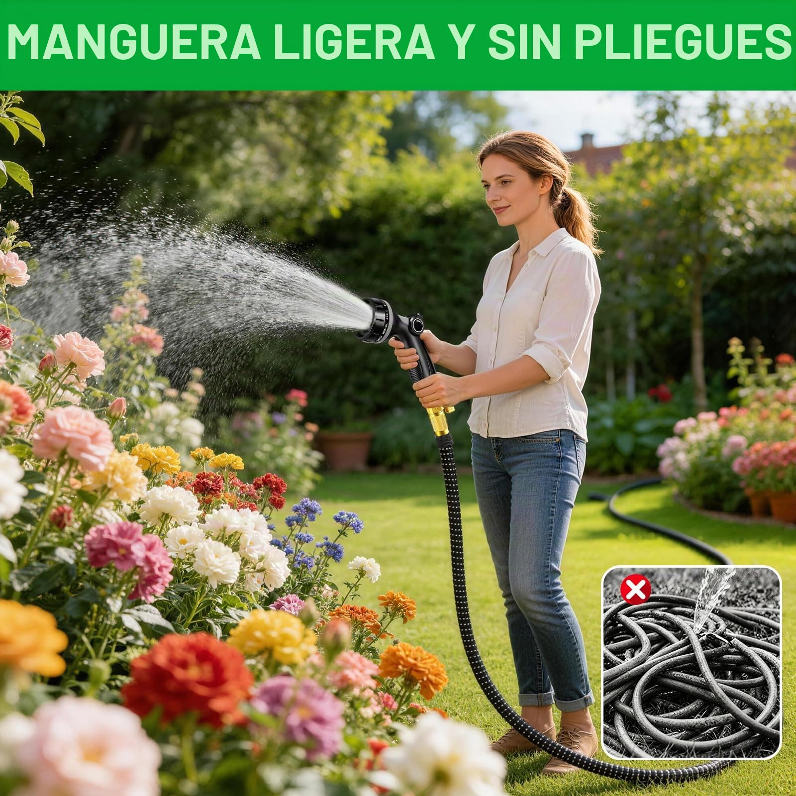 Manguera Jardin Extensible 15M, Manguera Extensible con Conectores de 1/2" 3/4" y Soporte de Pared, Mangeras Jardineria con 10 Funciones Pistola para Jardín, Lavar la Mascota, Lavado de Coche