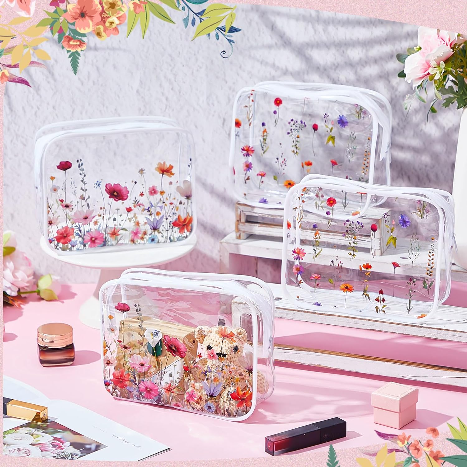 Sanwuta 12 Pcs Wildflower Makeup Bags Clear Cute Flower Gift Bag Portable Cosmetic Pencil Pouch with Zipper Small Floral Toiletry Organizer Wedding Party Favors for Women Travel Birthday Party Decor