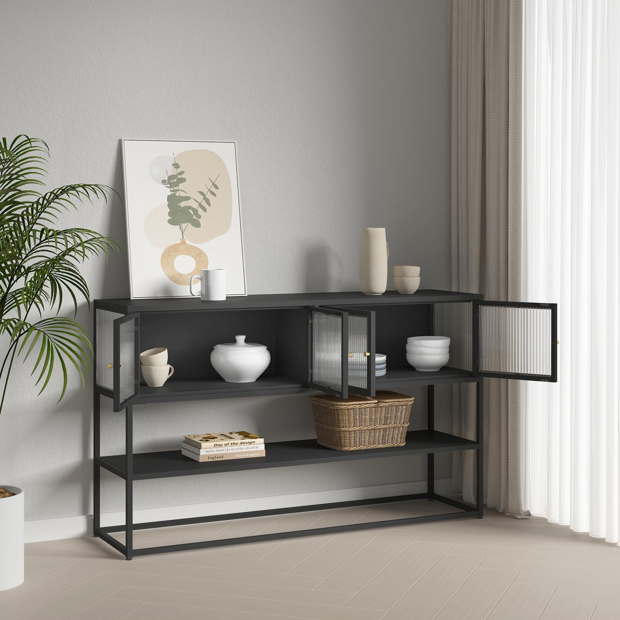 [en.casa] Sideboard Säkylä Vitrine Mehrzweckschrank 150 x 38 x 90 cm Vitrinenschrank mit 4 Glastüren 2 Fächern und 1 Ablage für Wohnzimmer Esszimmer Flur Schwarz