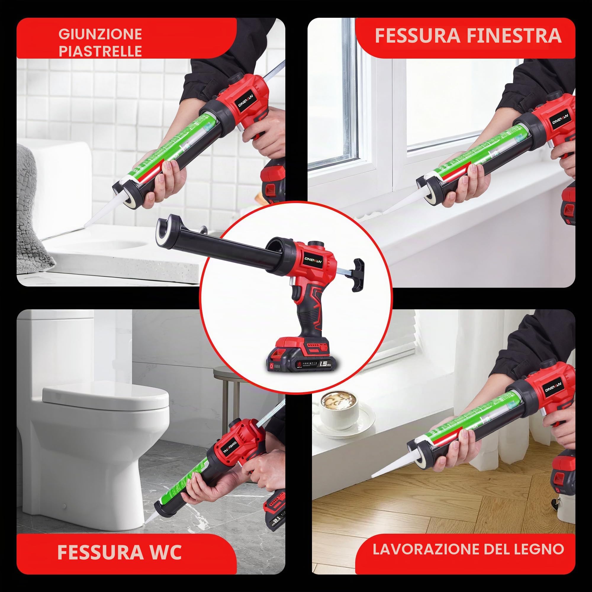 ONEVAN Pistola Elettrica per Cartucce 300ml Brushless 2x1,5Ah | 300ml Capacità, 300kg Spinta, Velocità variabile, Caricabatterie rapido, Luce LED, Per finestre e giunti
