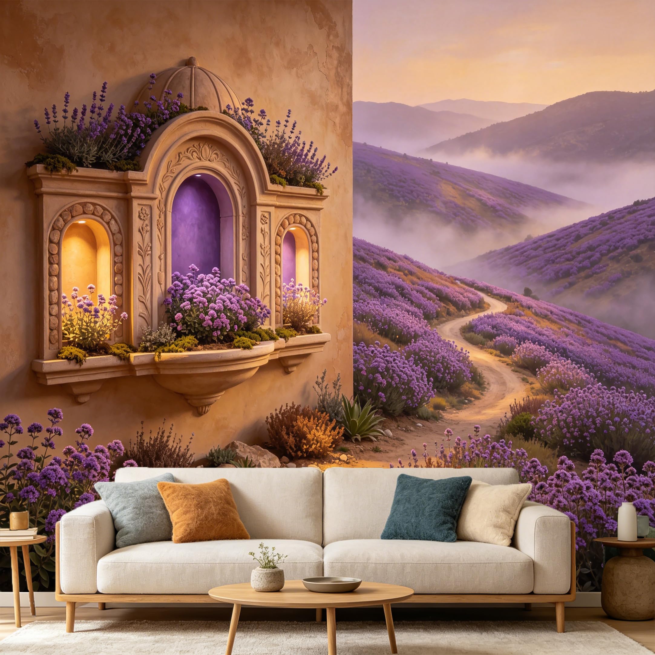 Custom Size Wall Mural， Provence Lavender Field Landscape Sunset Italian Villa Architecture， SelfAdhesive Art Prints wall Fabric Removable Large Wallpaper Home Living Room Decor
