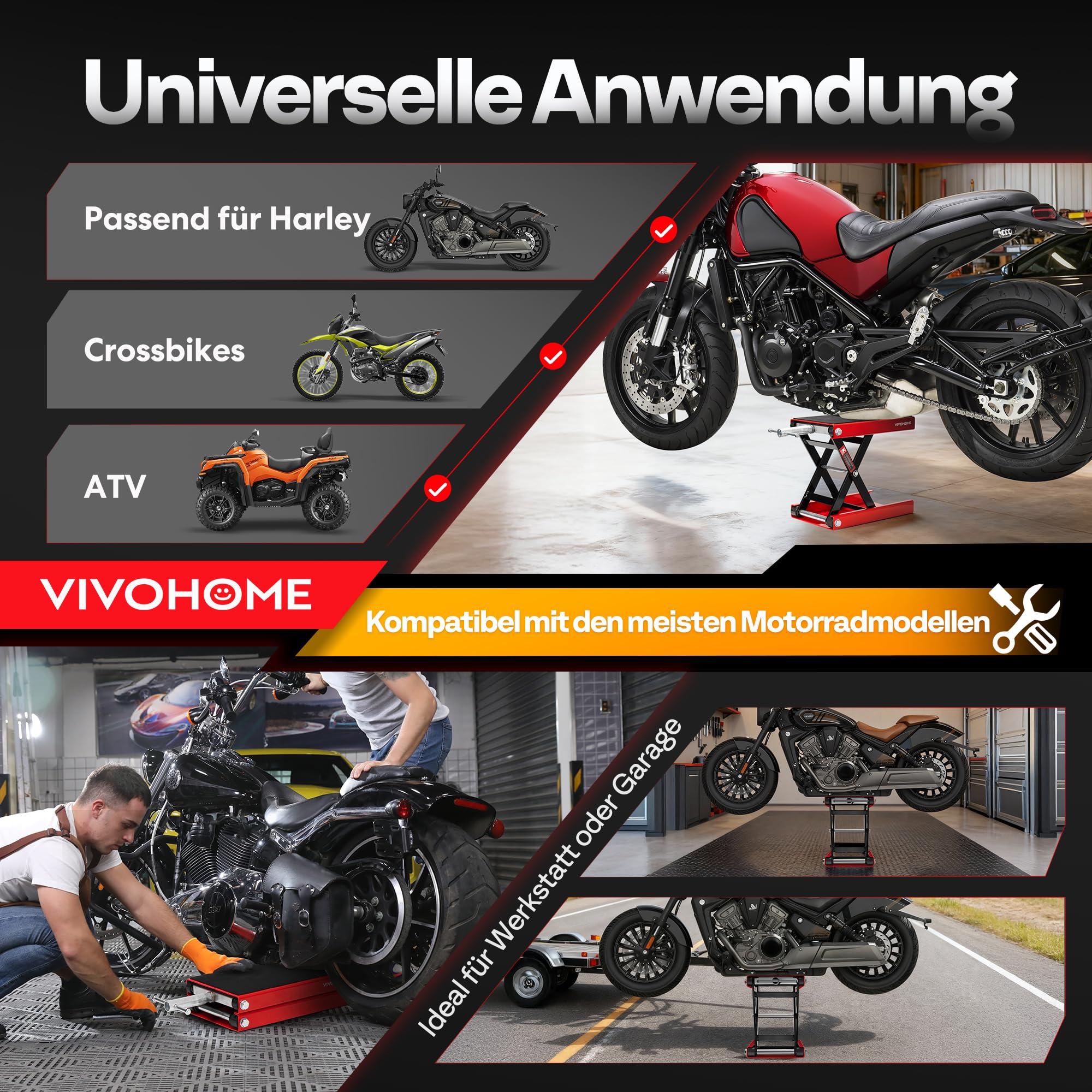 VIVOHOME Motorradhebebühne 500kg Scherenwagenheber aus Stahl Motorradheber mit breites Deck und Kurbel für Motorräder Geländefahrzeuge Dirtbikes