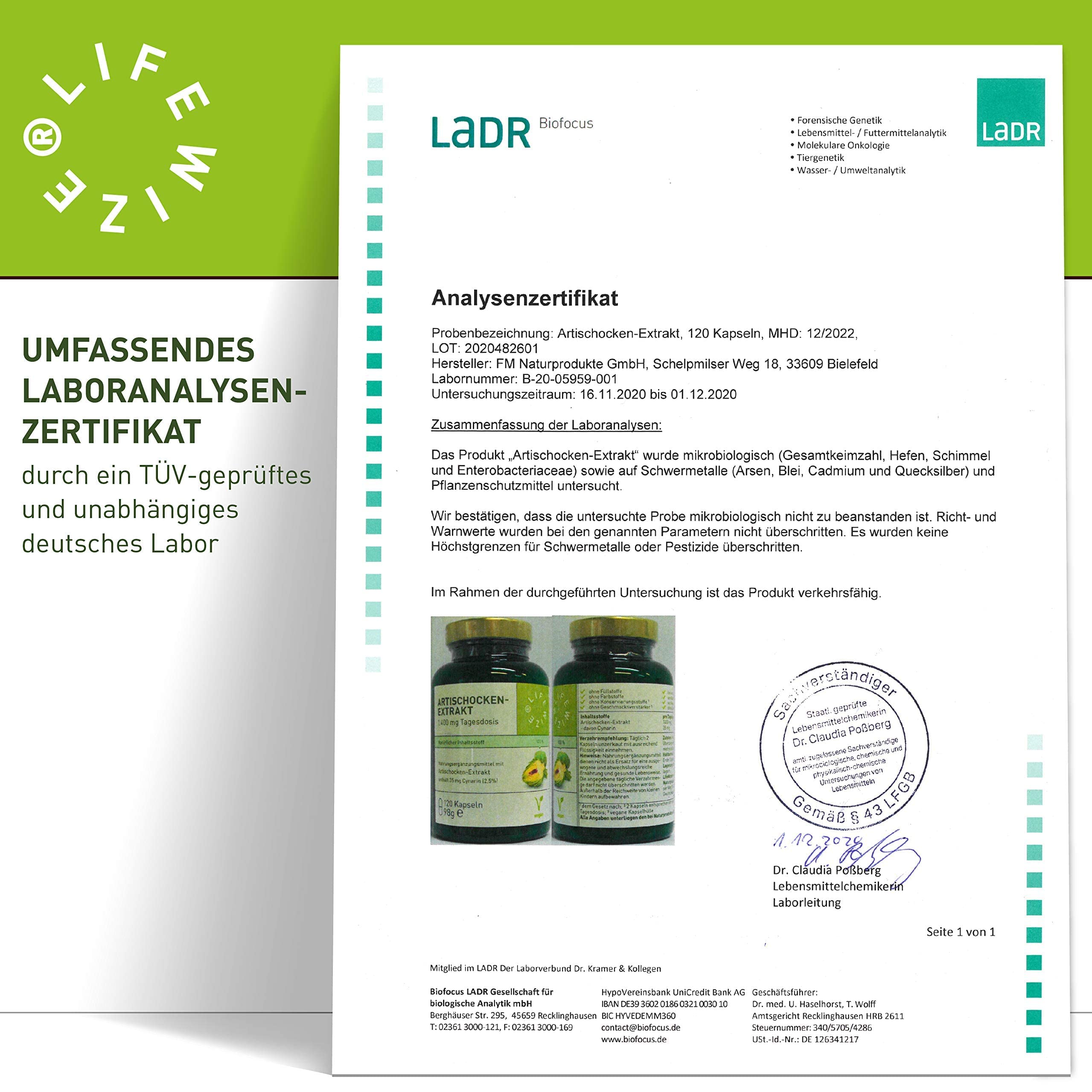 LifeWize® Artischocken Kapseln Hochdosiert mit 1400mg als 5:1 Extrakt = 7.000mg Artischocke pro Tagesdosis mit 2.5% Cynarin - 120 Vegane Kapseln ohne Zusatzstoffe