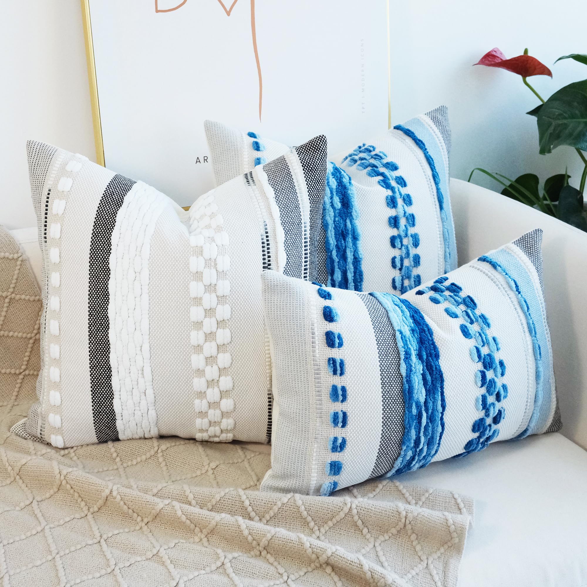 Paquete de 2 fundas de almohada bohemias a rayas, fundas de cojín decorativas para decoración del hogar, 18 x 18 pulgadas, color azul 7